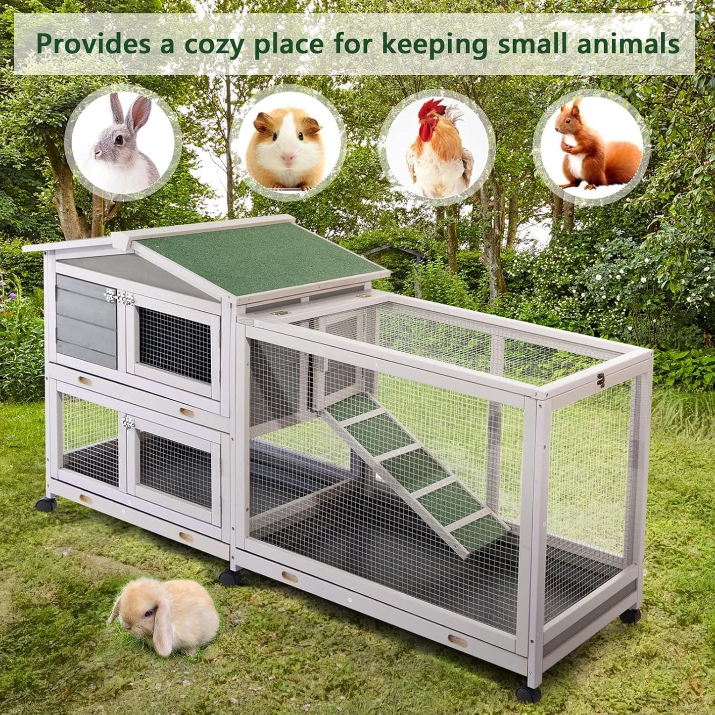 YODOLLA 61.5'' Wooden Rabbit Hutch Two Story Bunny Cage