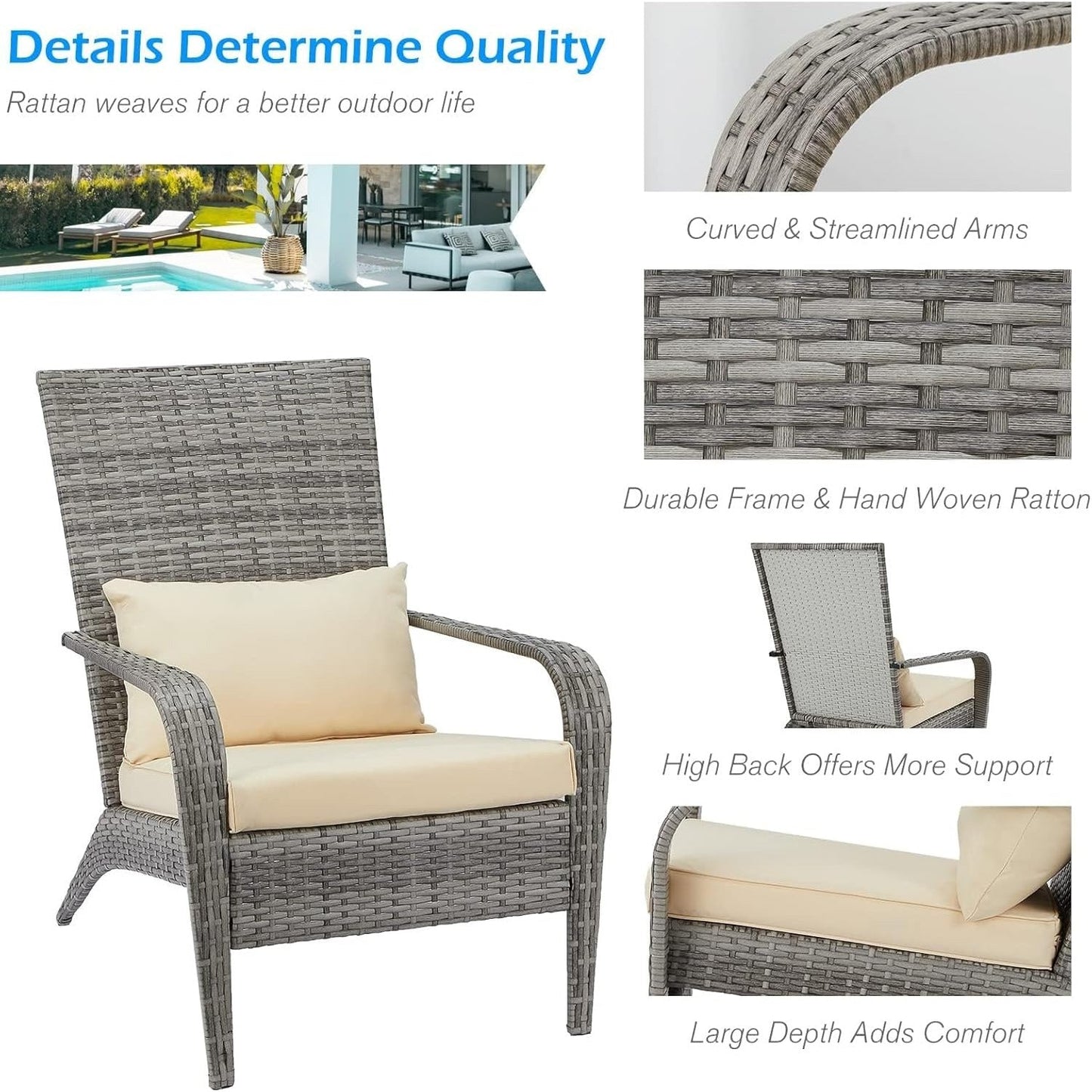 YODOLLA Patio Wicker Adirondack Chair, Coconino Rattan Dining Chairs,Grey