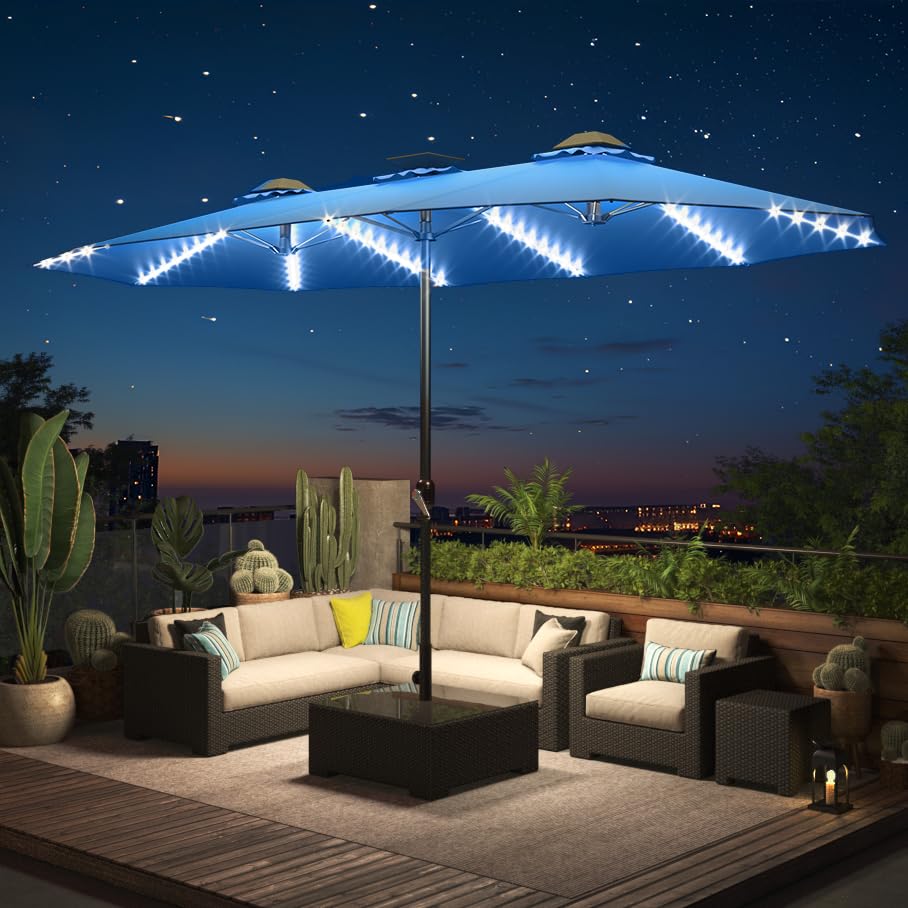 YODOLLA 15ft Patio Umbrella with Solar Lights, Blue