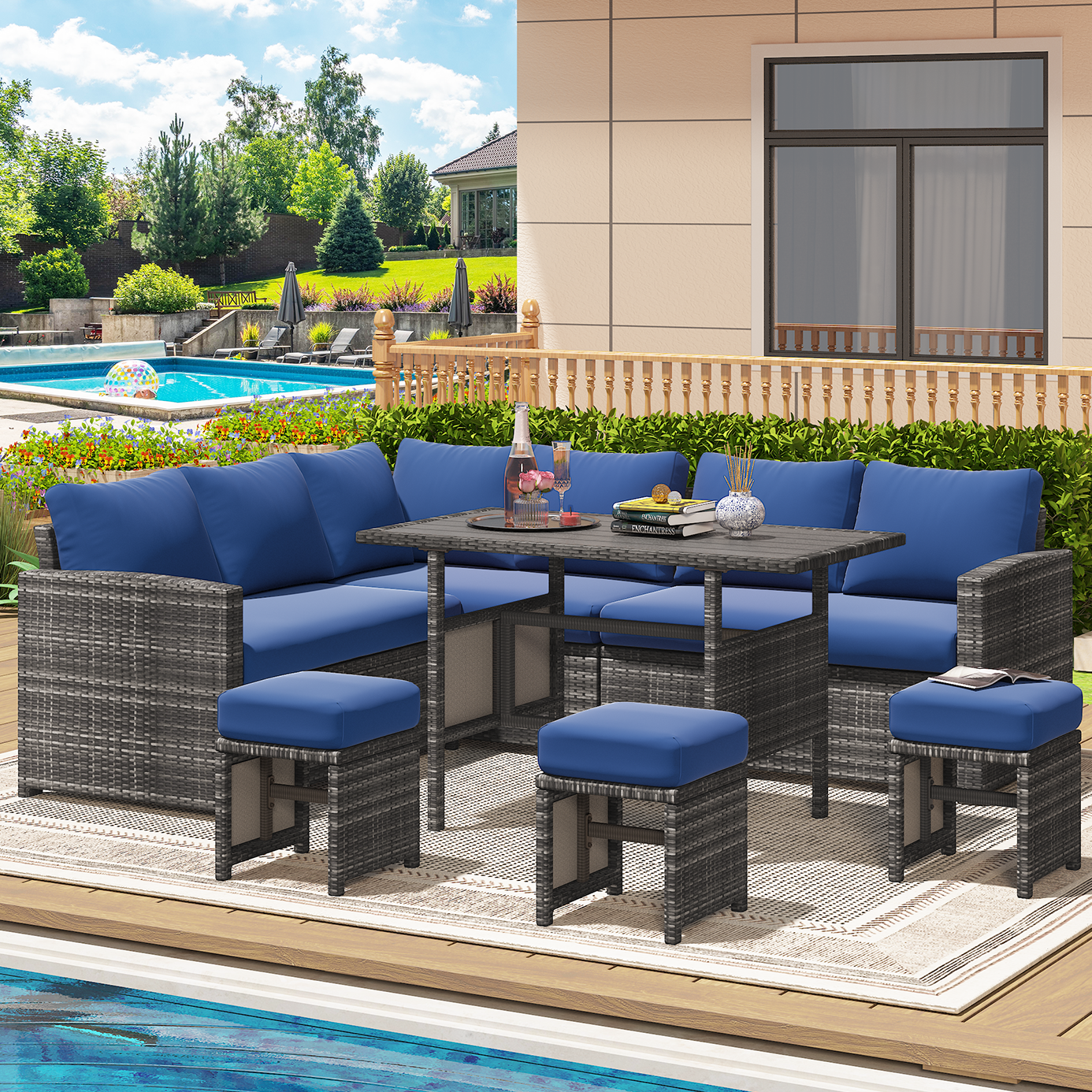 YODOLLA 7-Pc Patio Set, Grey Rattan & Blue Cushion