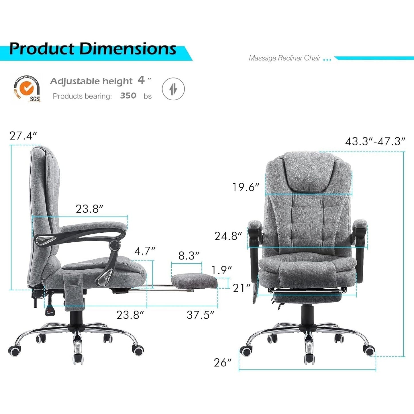 YODOLLA Adjustable Office Chair with Foot Rest, Heat and 7 Points Vibration Massage