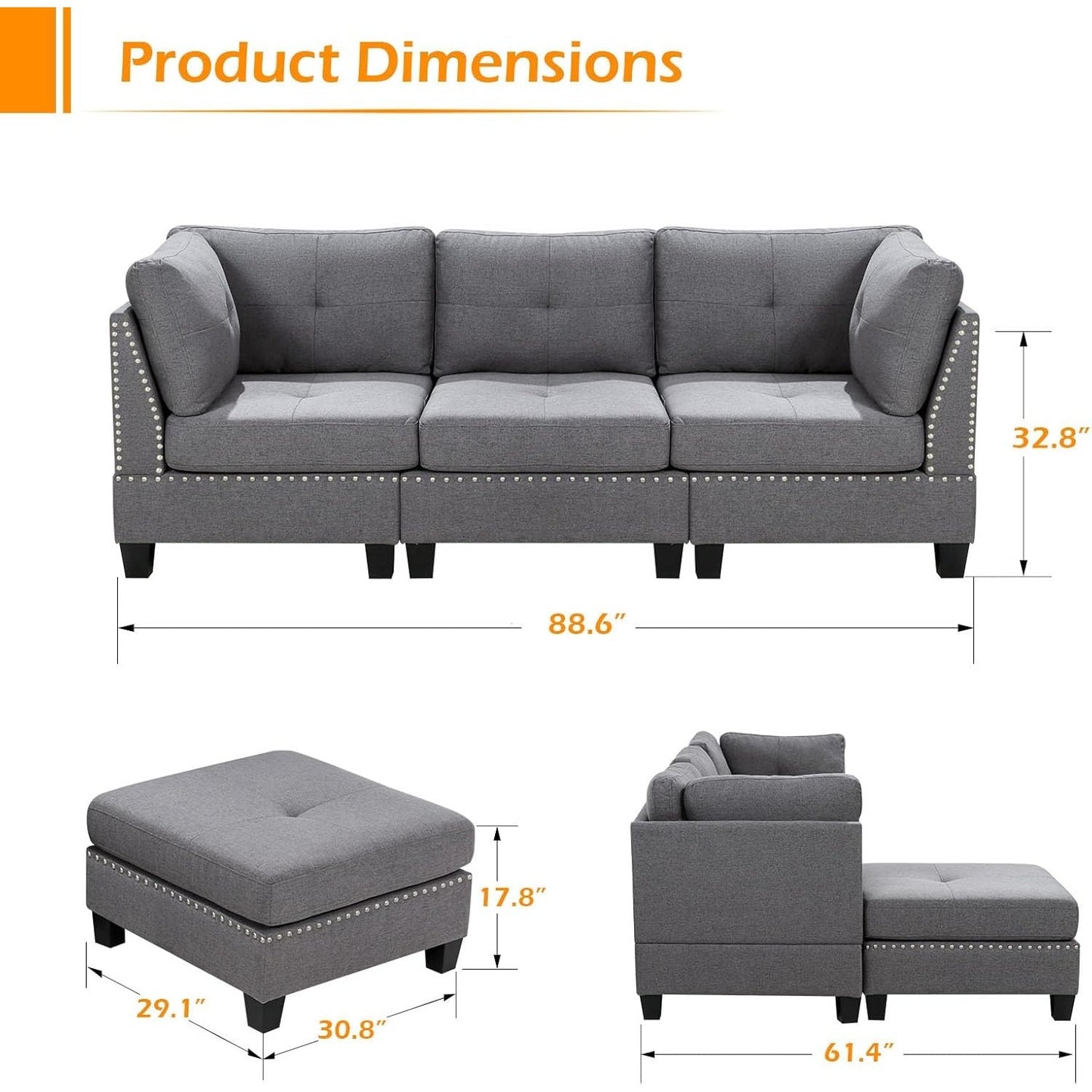 YODOLLA 88.6” L-Shaped Sofa Couch with Reversible Chaise, Fabric Gray