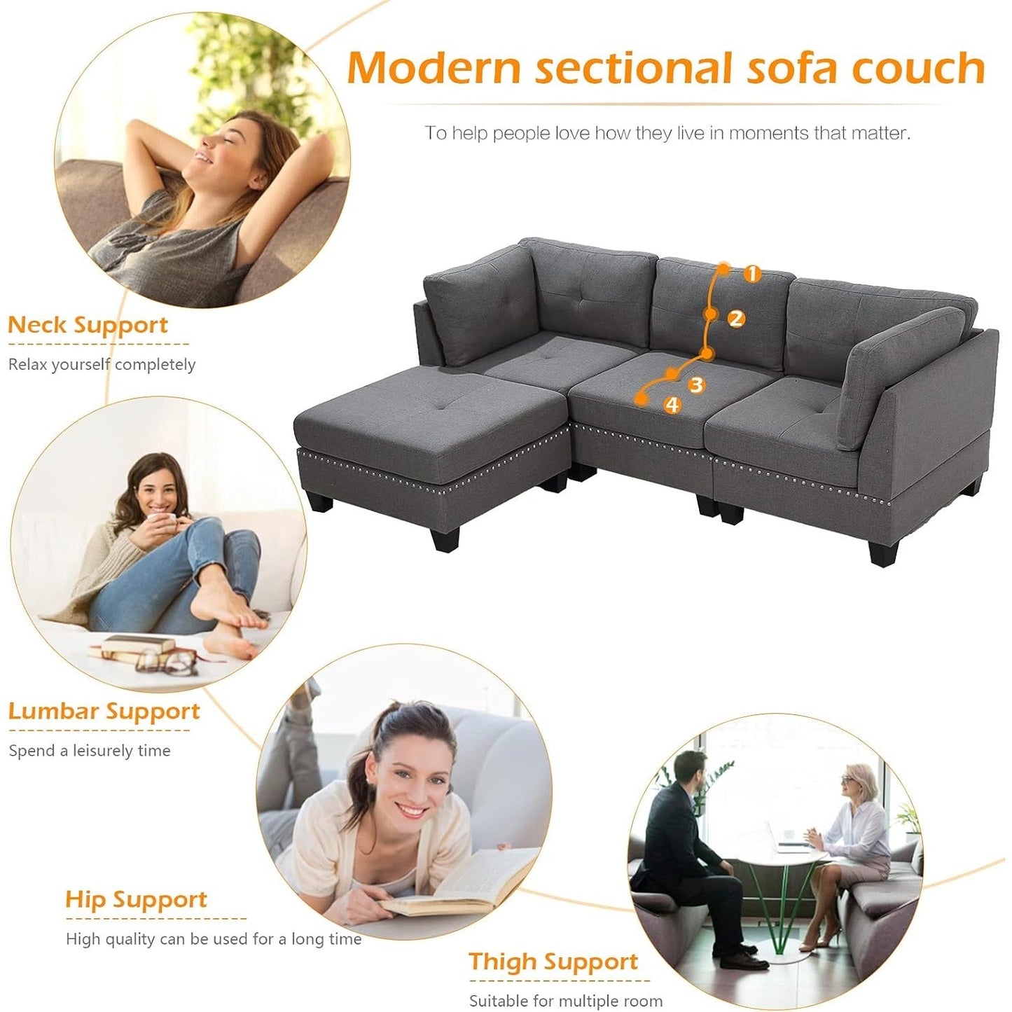YODOLLA 88.6” L-Shaped Sofa Couch with Reversible Chaise, Fabric Gray