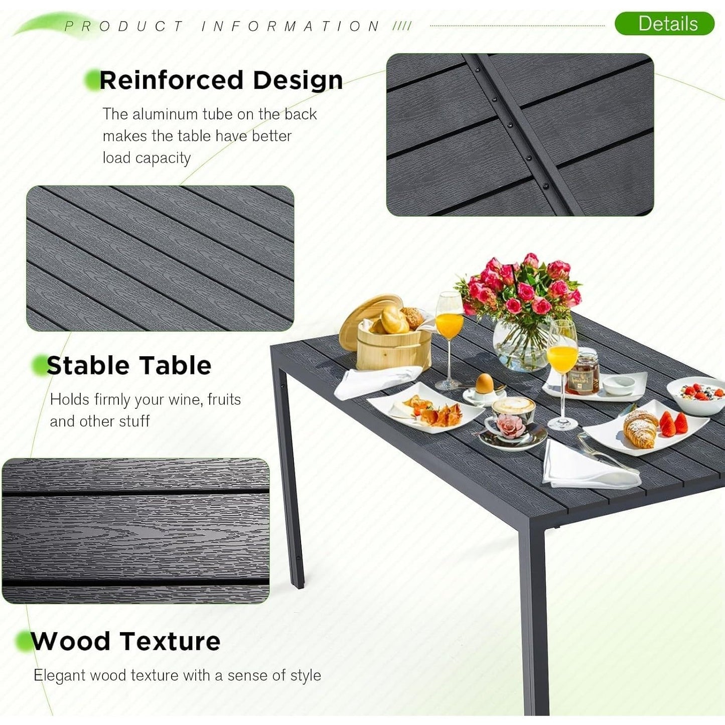 YODOLLA 60" Outdoor Aluminum Patio Dining Table with Wood-Plastic Composite Tabletop