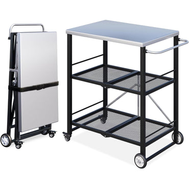 YODOLLA Foldable Stainless Steel Grill Cart Table with Wheels, Silver