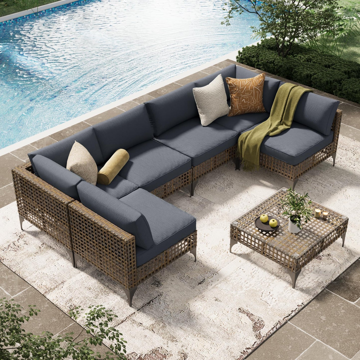 YODOLLA 7-Piece Patio Furniture Set PE Rattan Wicker Conversation Set