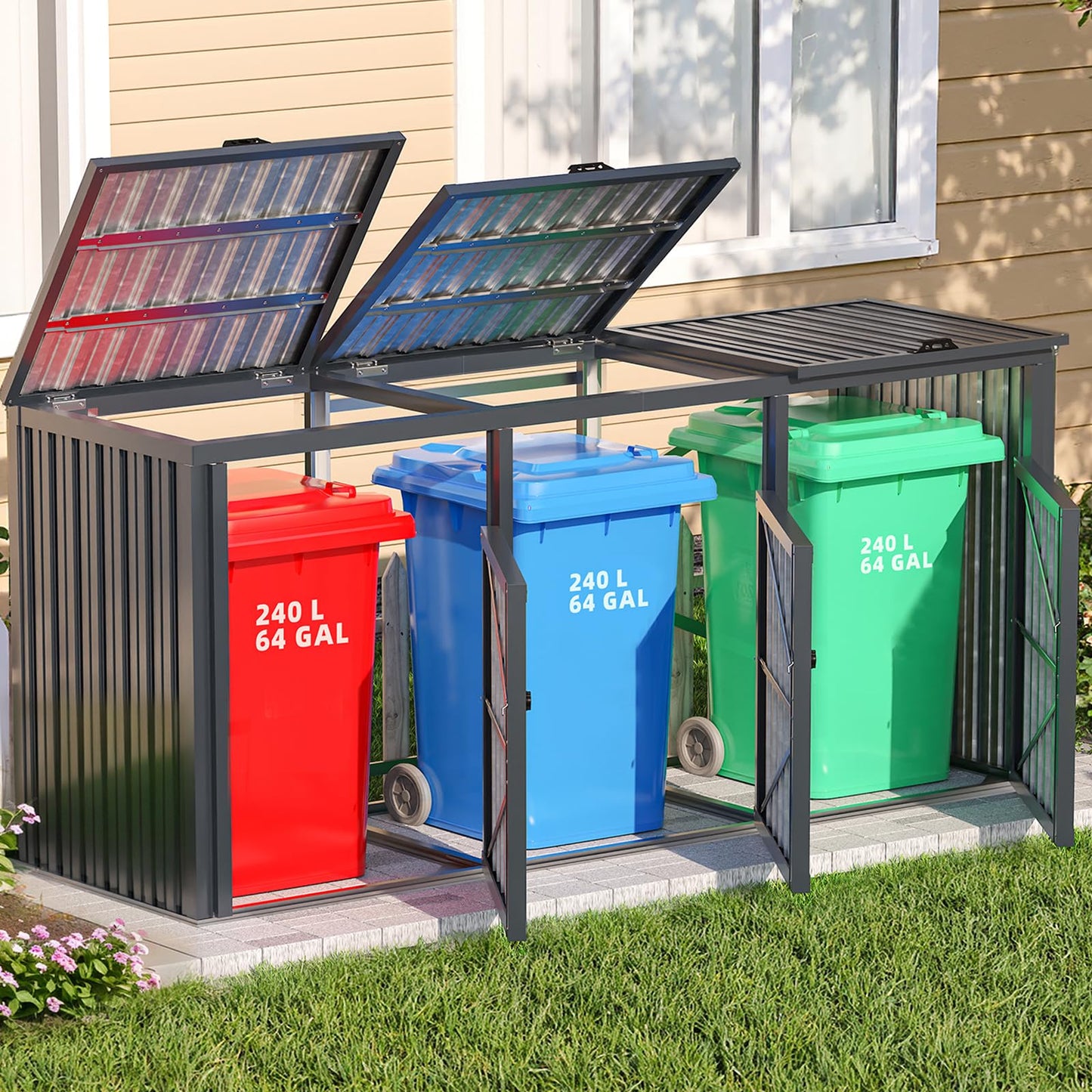 YODOLLA 7.7 x 2.6 FT Garbage Bin Storage Shed for 3 Trash Cans