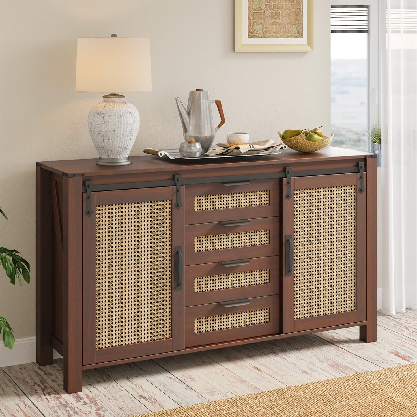 YODOLLA Rattan Sideboard Buffet Cabinet Wicker Kitchen Cabinet