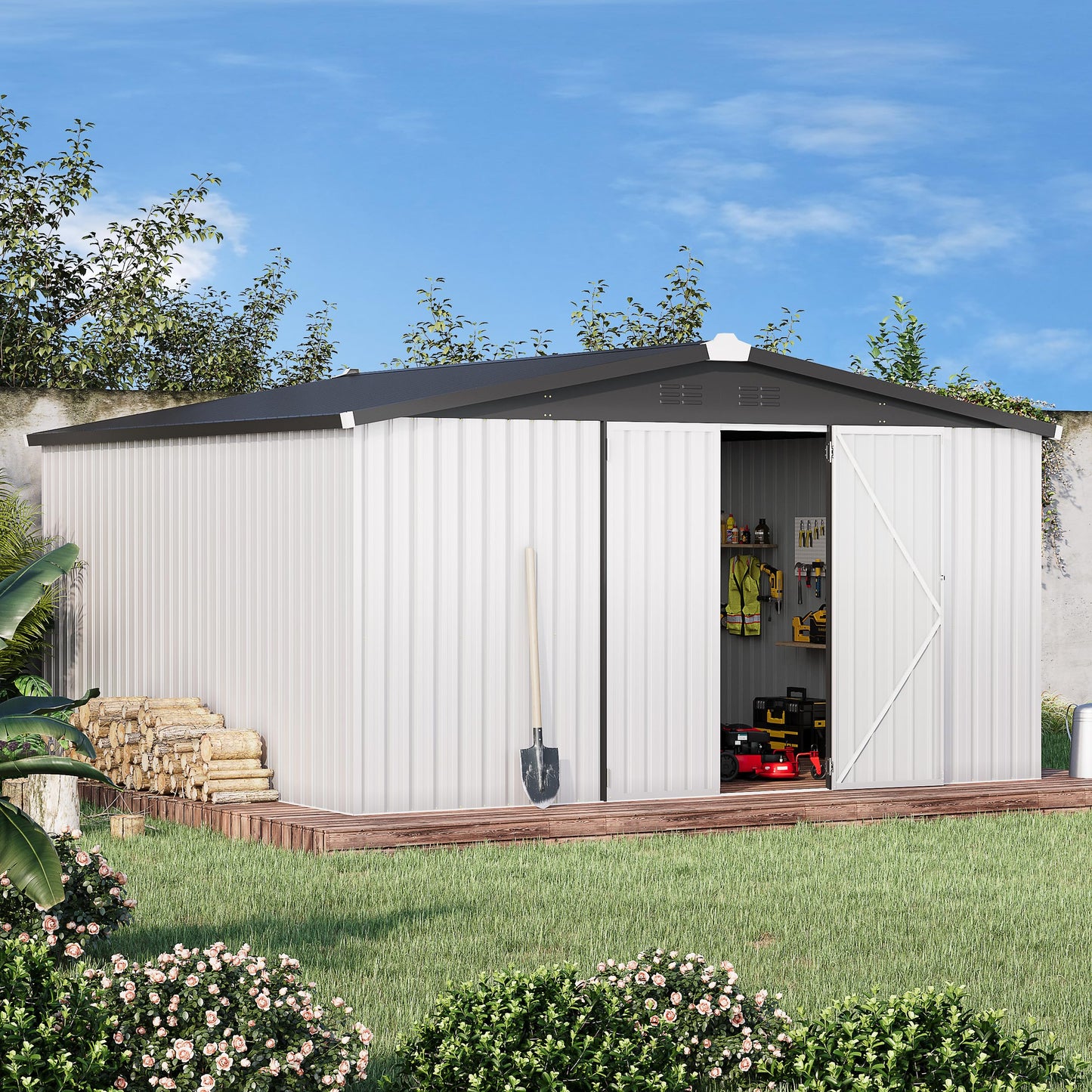 YODOLLA 12' x 12' Outdoor Storage Shed Large Metal Sheds, White