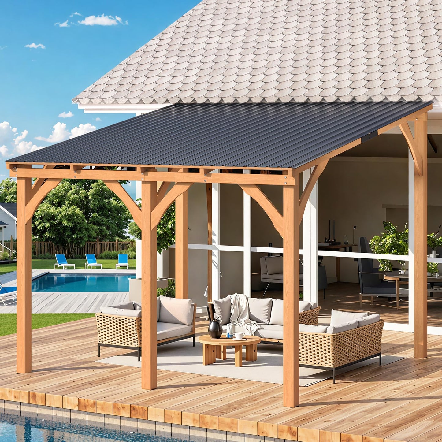 YODOLLA 10' x 10' Outdoor Wood Gazebo Lean to Hardtop Cedar Pergolas