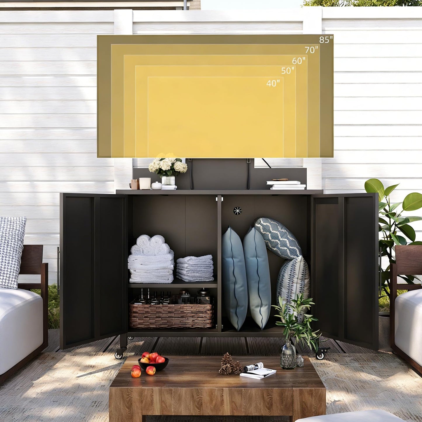 YODOLLA Mobile TV Stand on Wheels Outdoor Storage Cabinet with TV Mount