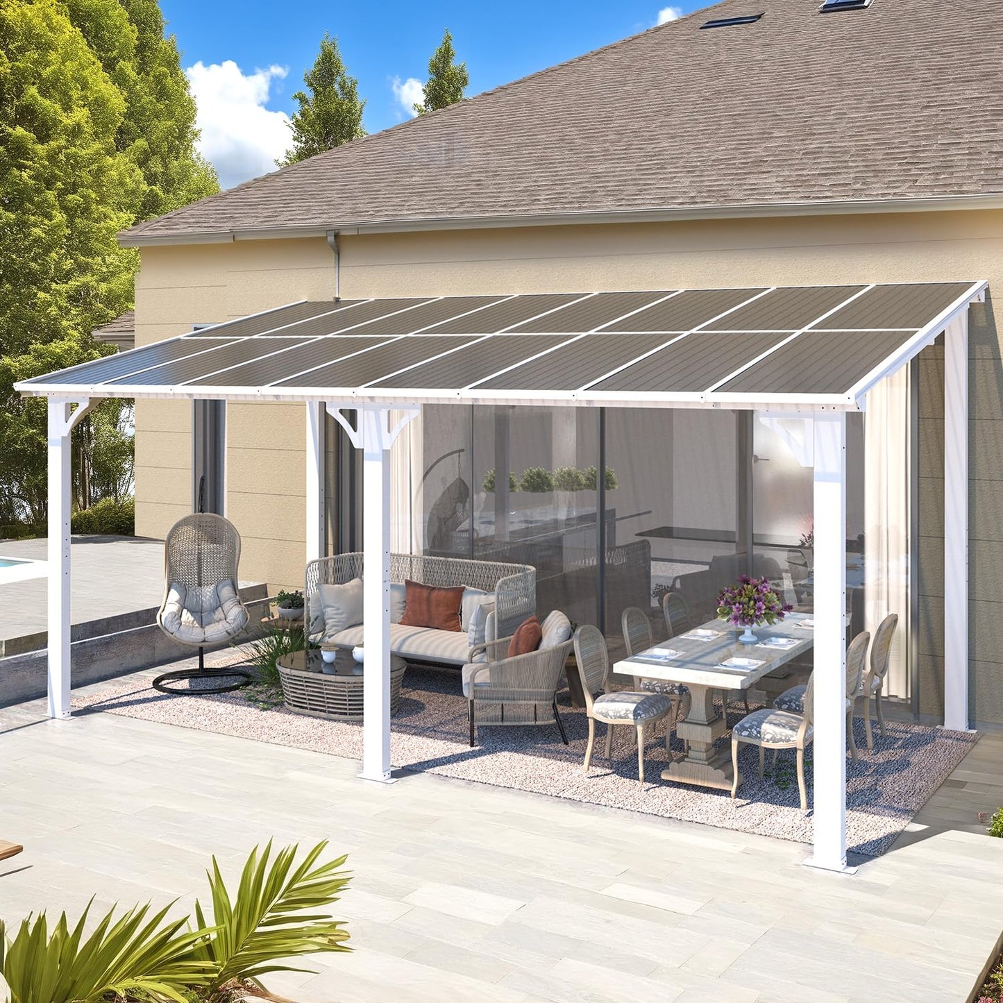 YODOLLA 16' x 8' Gazebo Outdoor Pergola Hard Top Lean to Gazebo Shelter Pergolas,White