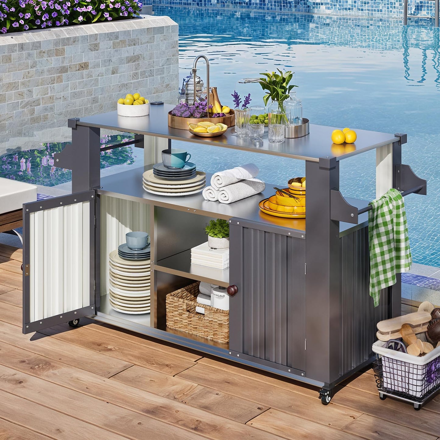 YODOLLA Outdoor Grill Table Cart Kitchen Island Grill Cabinet Cart