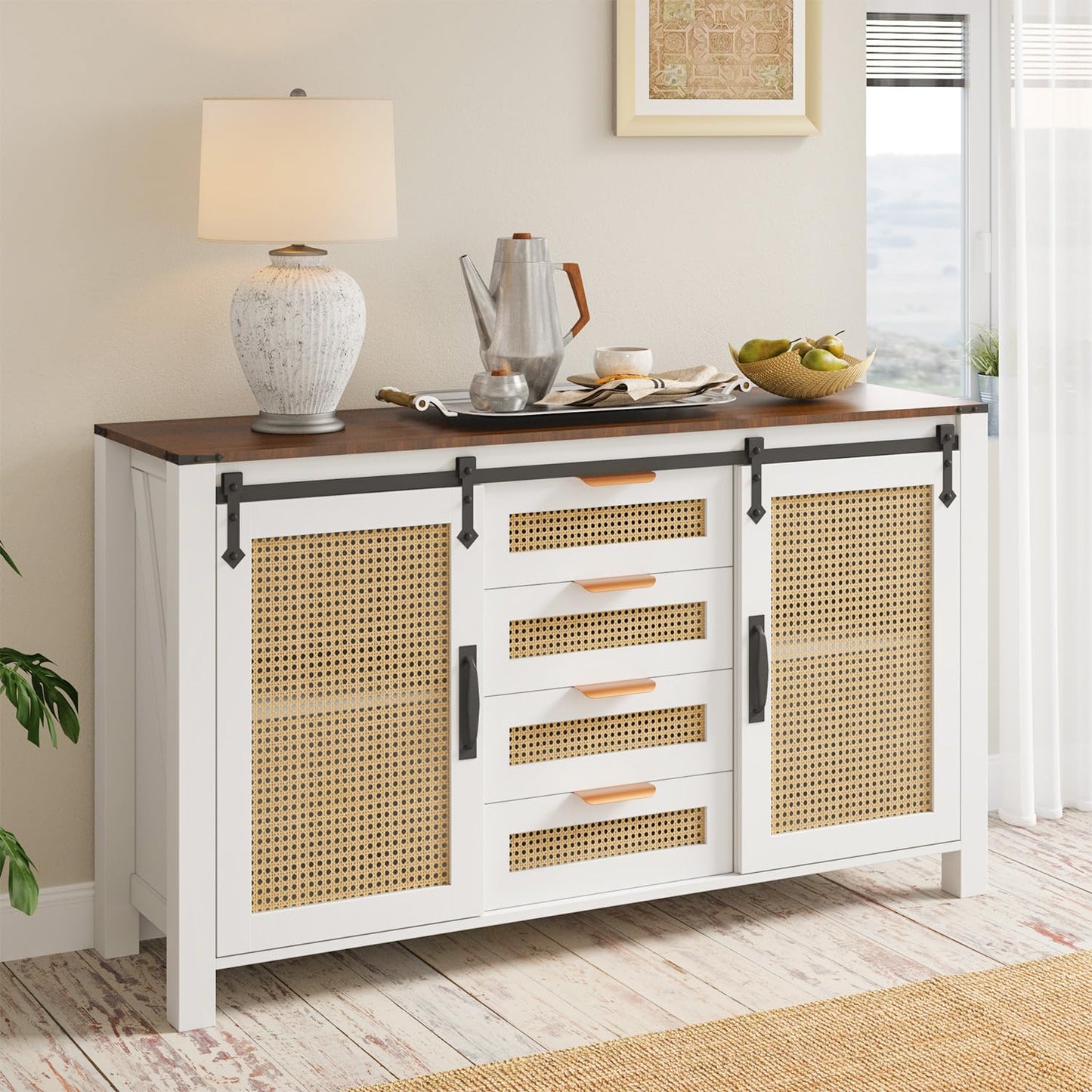 YODOLLA Rattan Sideboard Buffet Cabinet Wicker Kitchen Cabinet