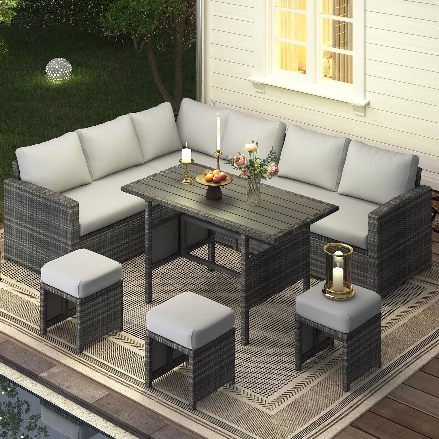 YODOLLA 7 Pieces Outdoor Wicker Rattan Dining Sofa Set, Light Grey