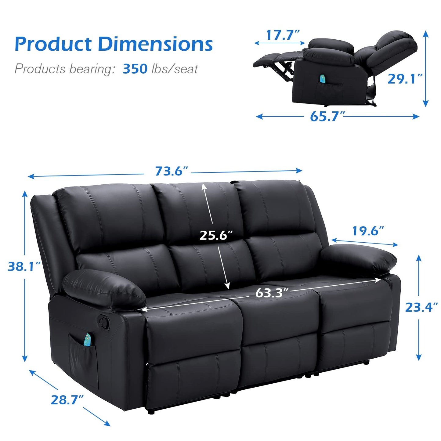 YODOLLA Reclining Sofa 3-Seater Couch, Black