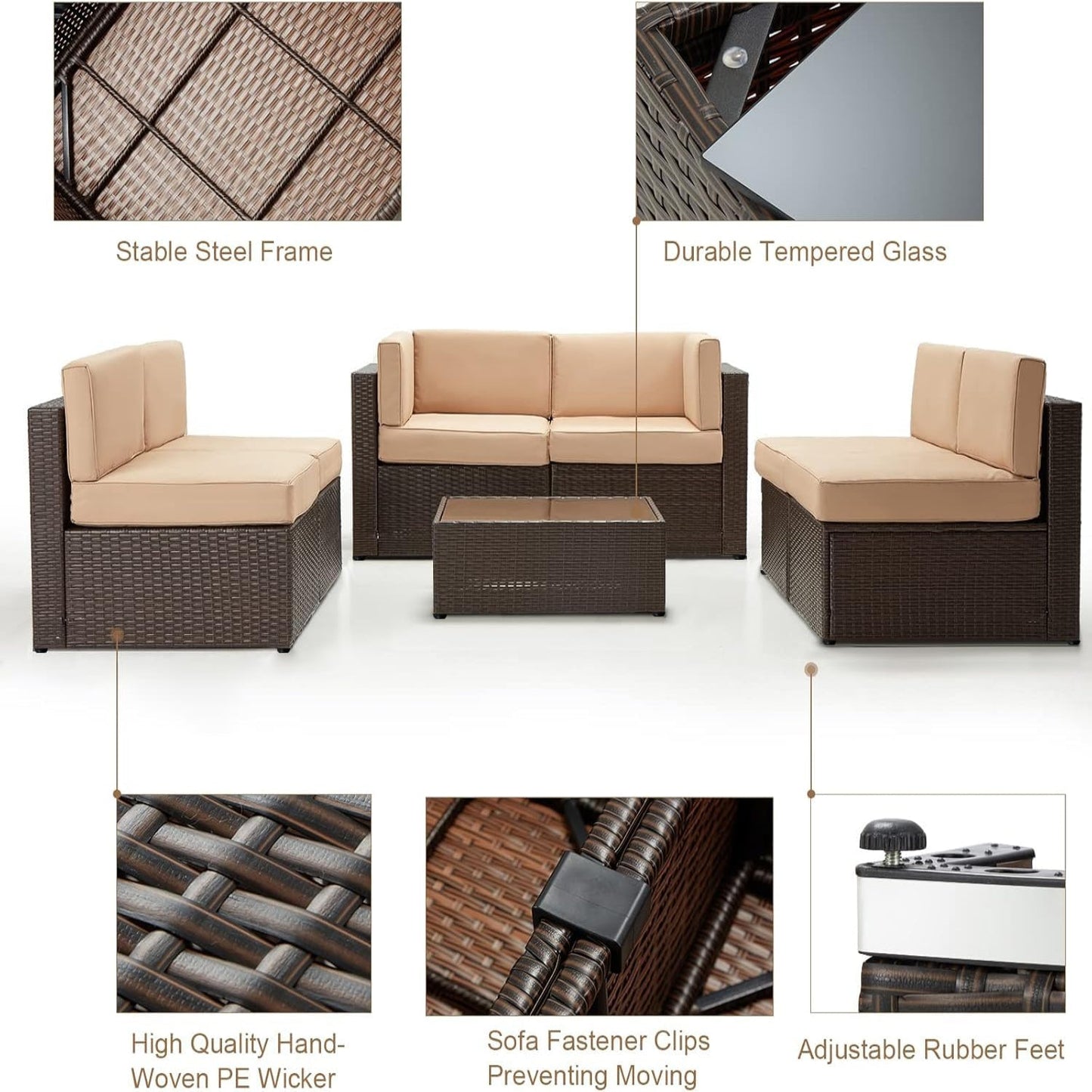 YODOLLA 7 Piece Outdoor Patio Furniture Set, Brown & Beige