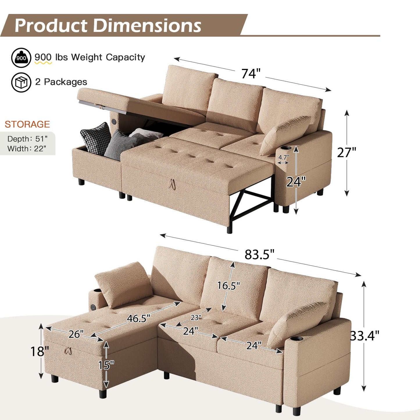 YODOLLA 83.5" Teddy Fleece Sleeper Sofa Sectional Sofa Bed Couches, Beige