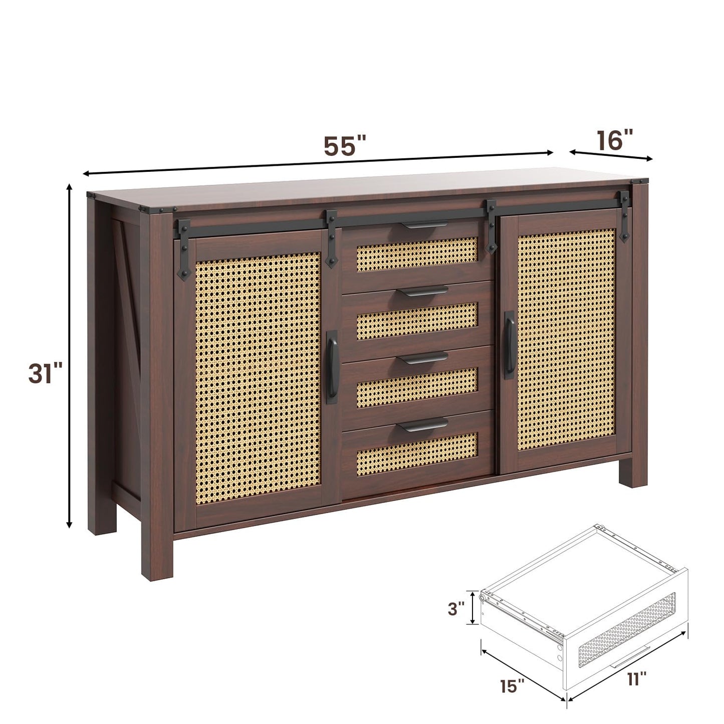 YODOLLA Rattan Sideboard Buffet Cabinet Wicker Kitchen Cabinet