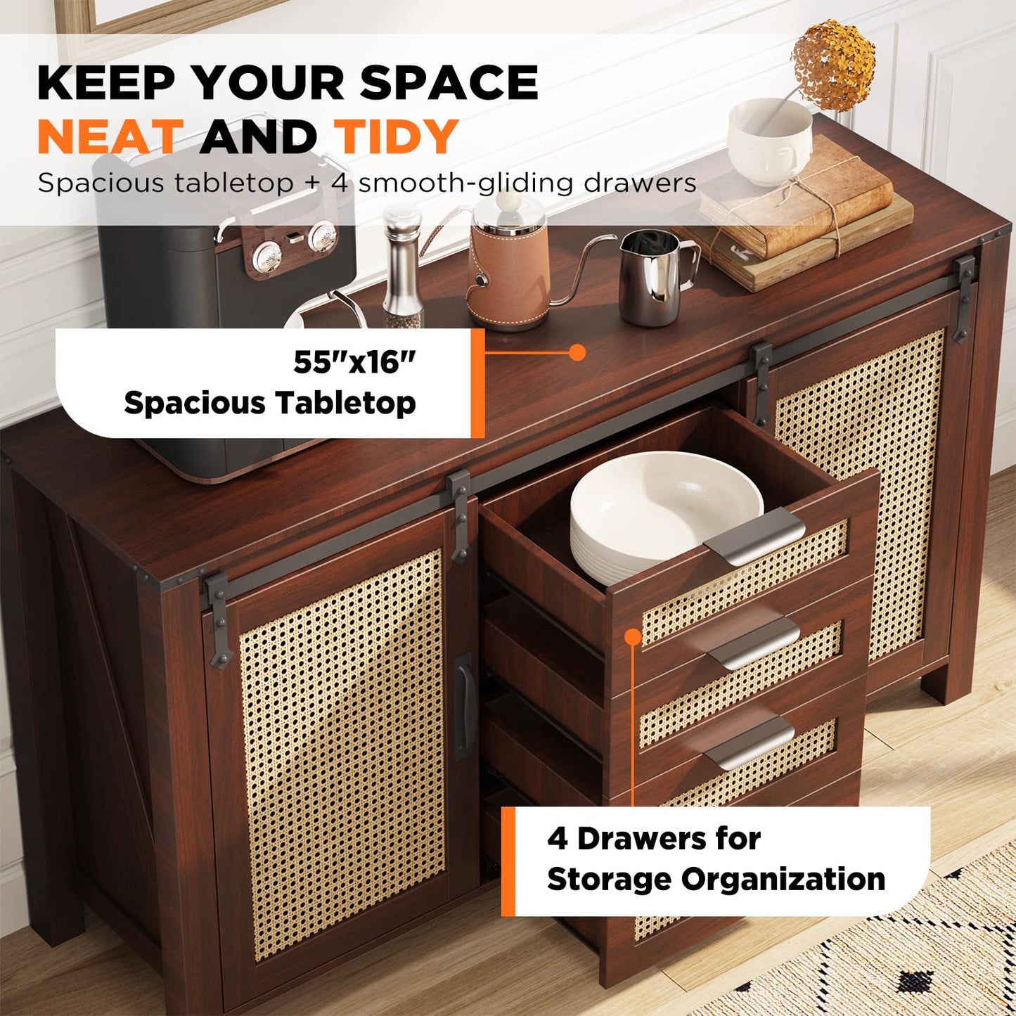 YODOLLA Rattan Sideboard Buffet Cabinet Wicker Kitchen Cabinet
