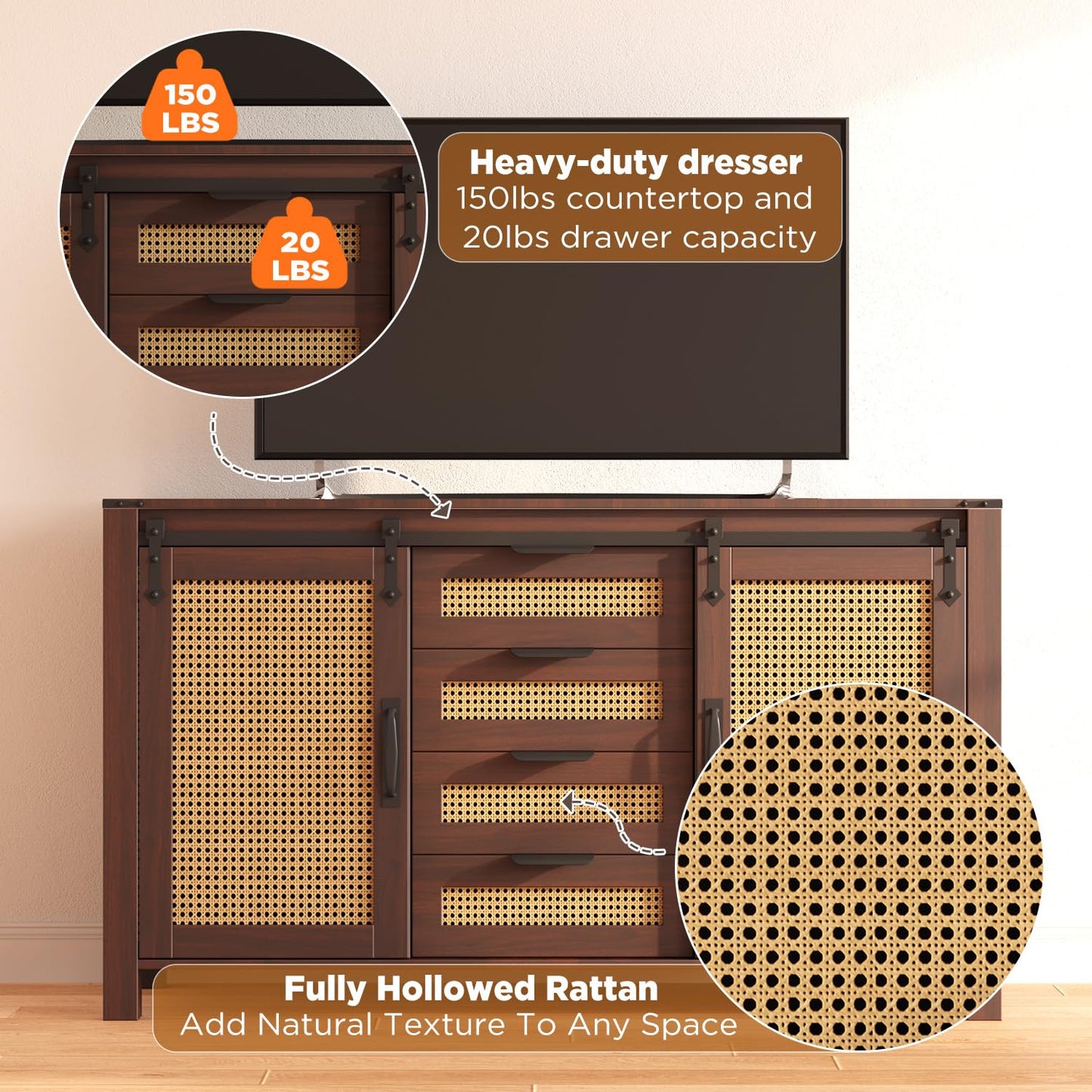 YODOLLA Rattan Sideboard Buffet Cabinet Wicker Kitchen Cabinet
