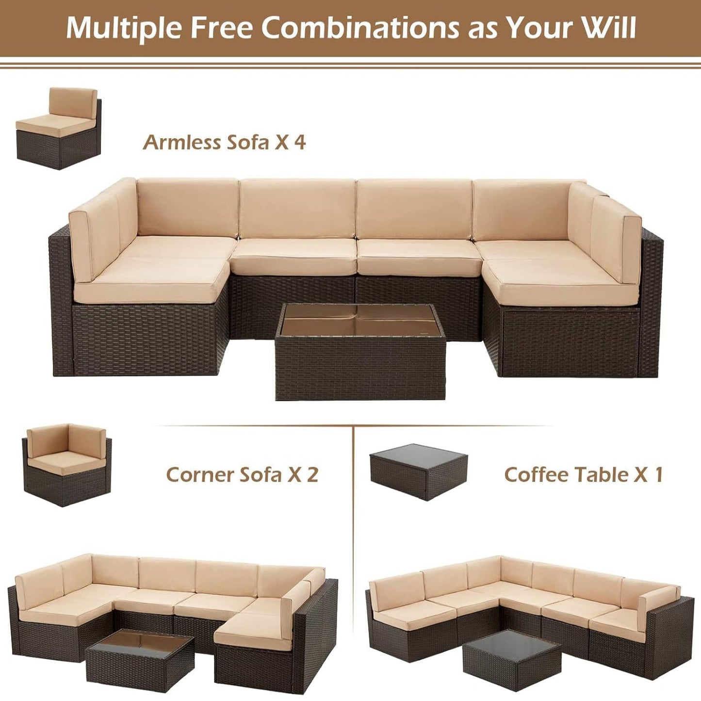 YODOLLA 7 Piece Outdoor Patio Furniture Set, Brown & Beige