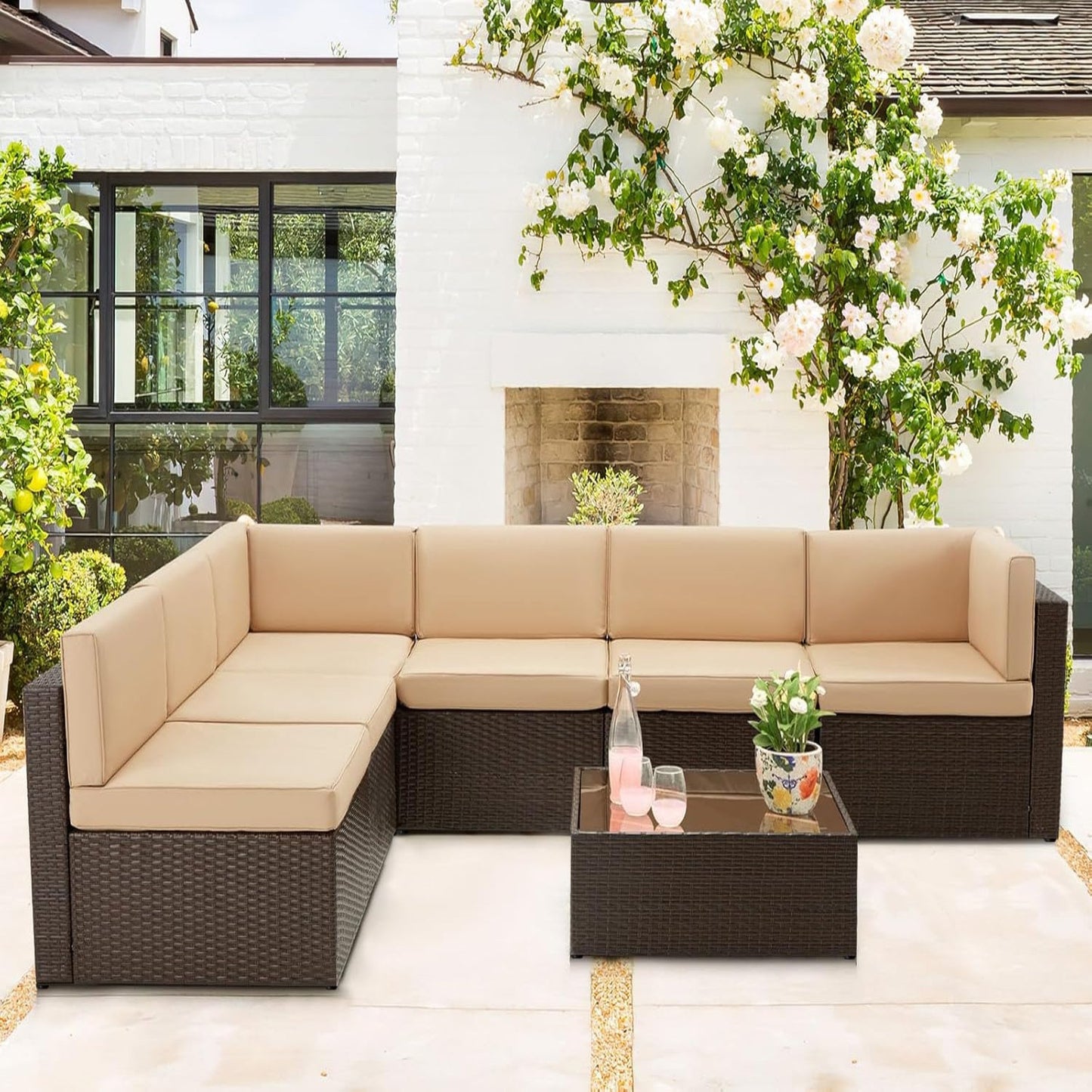 YODOLLA 7 Piece Outdoor Patio Furniture Set, Brown & Beige