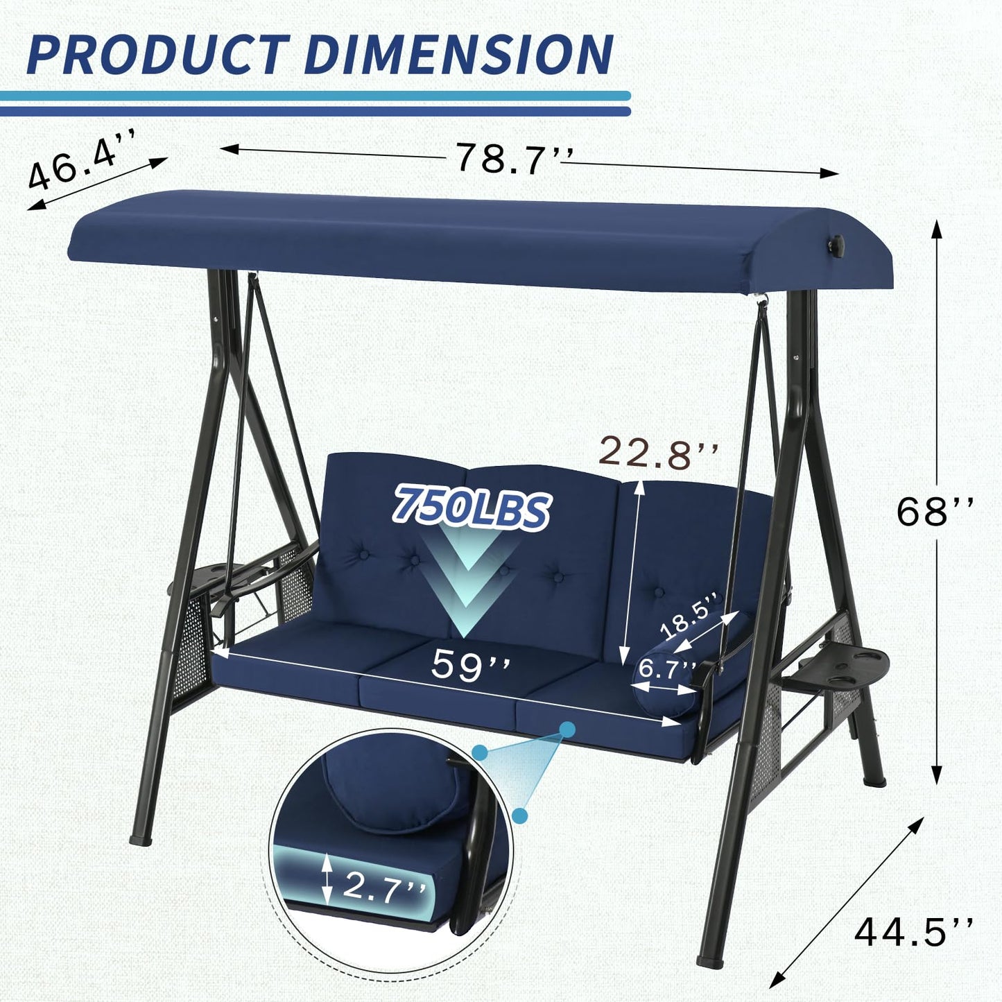 YODOLLA 3-Seat Patio Porch Swing Chair, Blue
