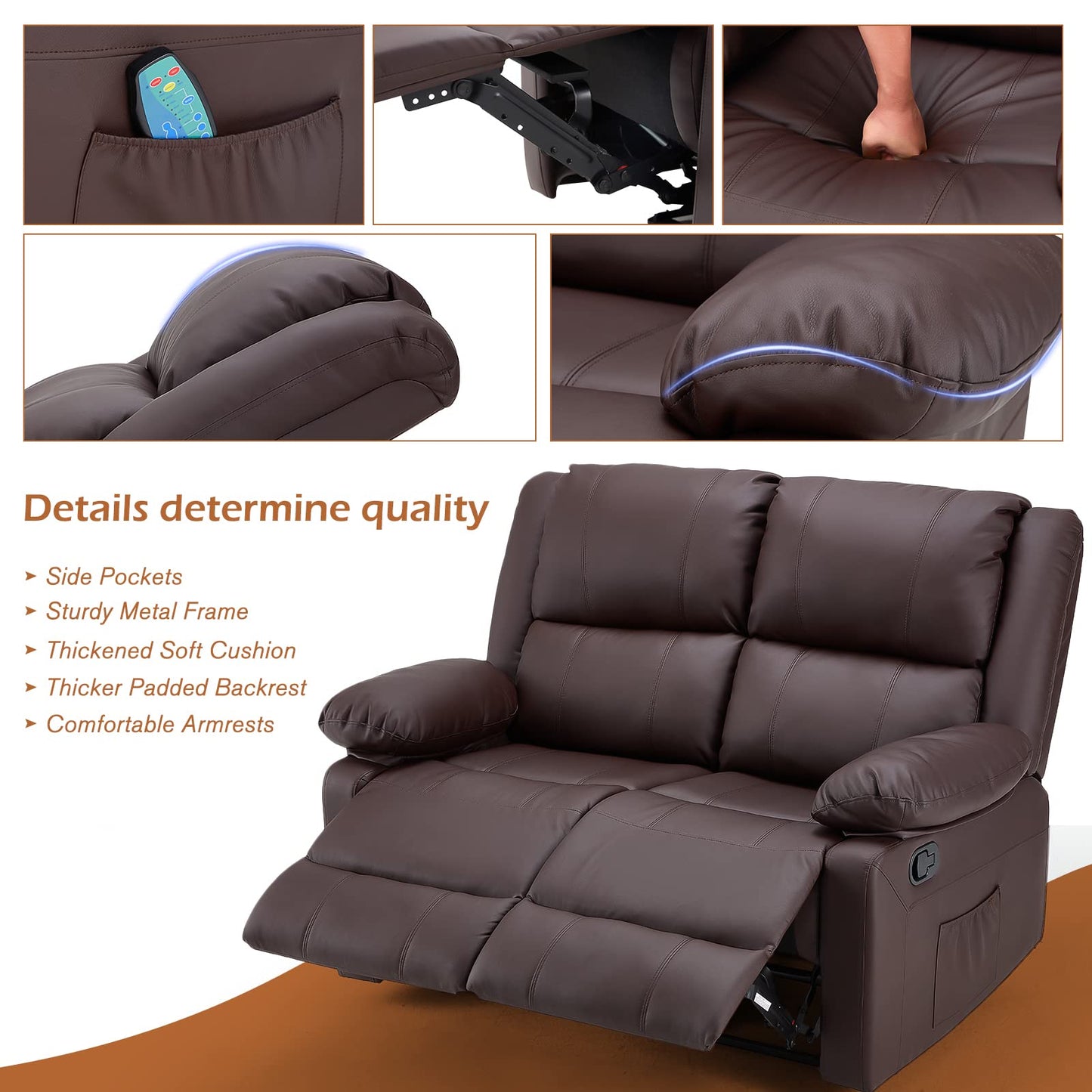 YODOLLA 2 Seat Loveseat Recliner with Heat&Massage Function, Faux Leather Brown