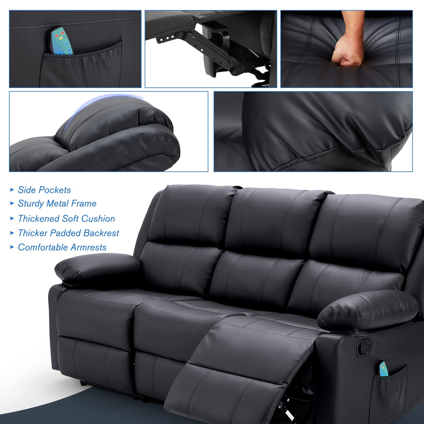 YODOLLA Reclining Sofa 3-Seater Couch, Black