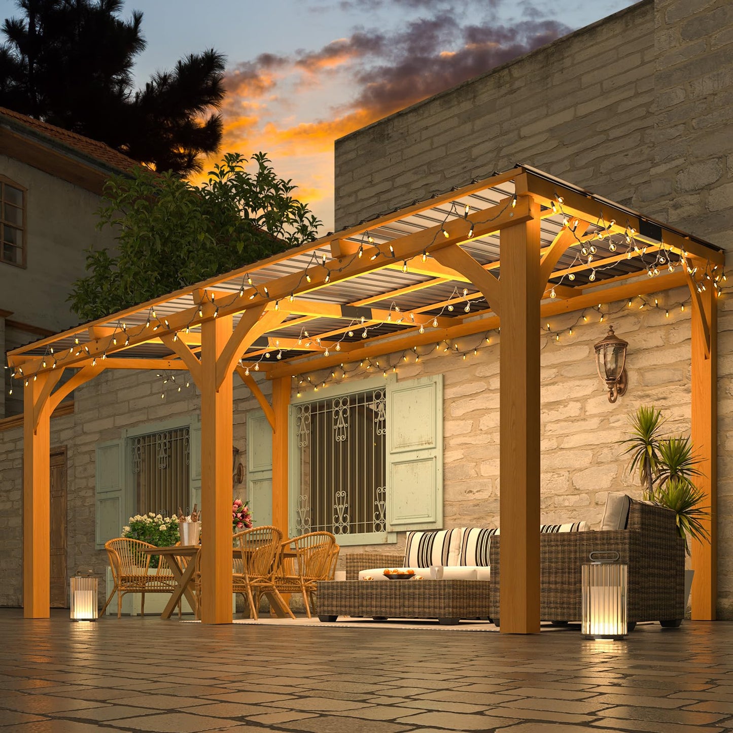 YODOLLA 14' x 10' Outdoor Wood Gazebo Lean to Hardtop Cedar Pergolas