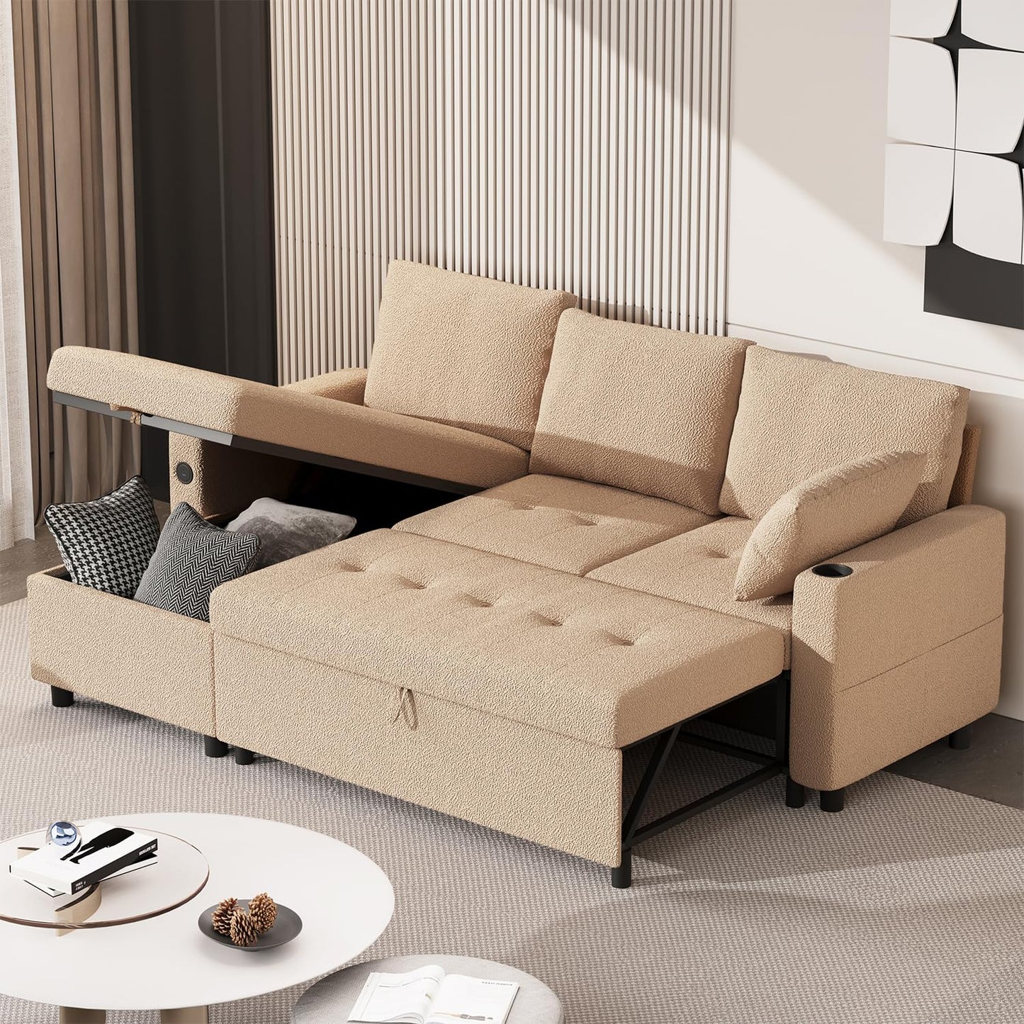 YODOLLA 83.5" Teddy Fleece Sleeper Sofa Sectional Sofa Bed Couches, Beige