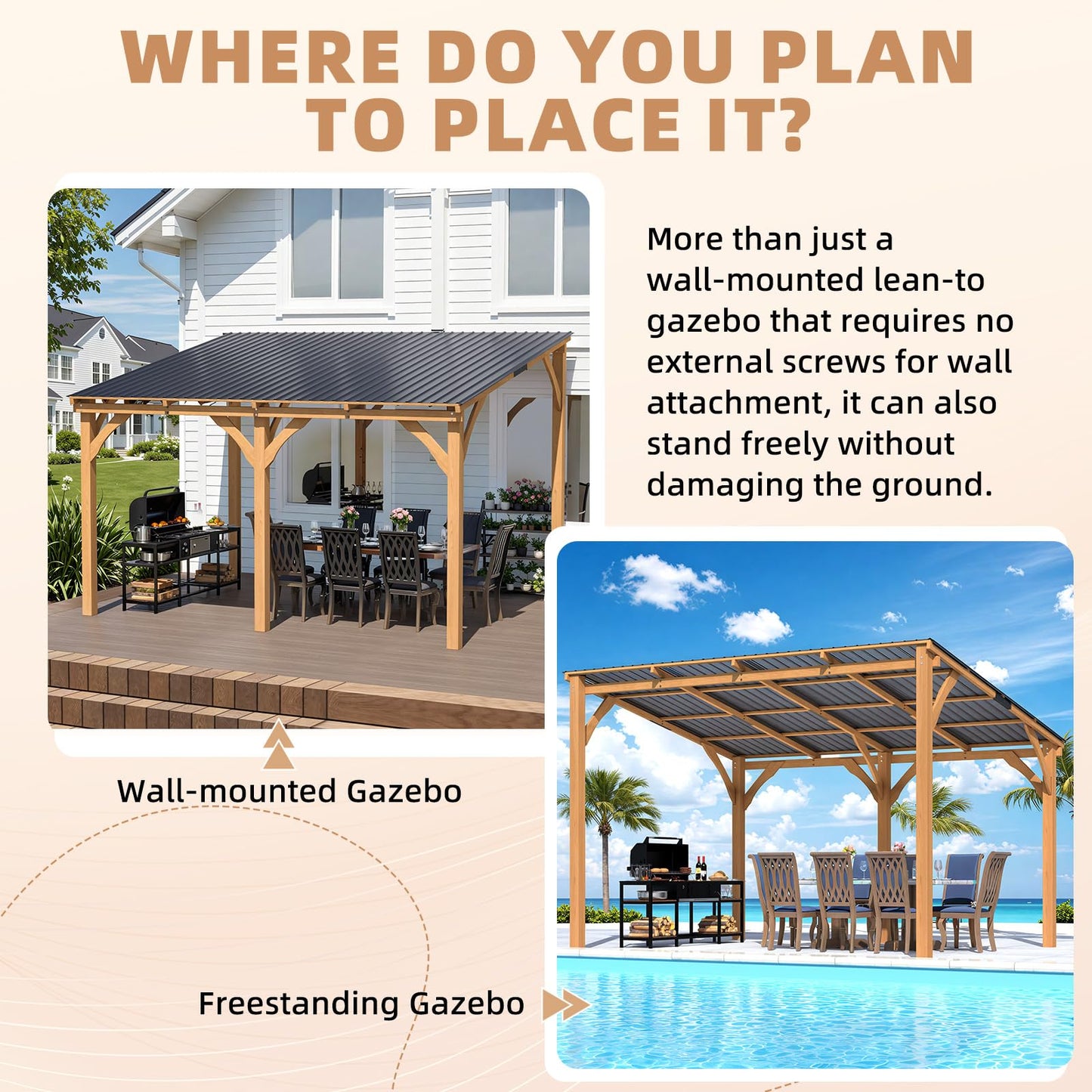 YODOLLA 12' x 10' Outdoor Wood Gazebo Lean to Hardtop Cedar Pergolas