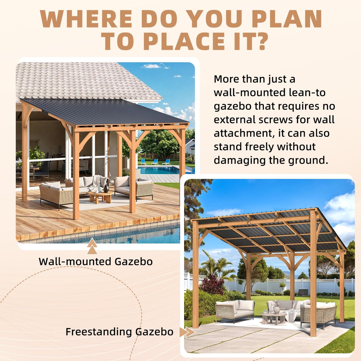 YODOLLA 10' x 10' Outdoor Wood Gazebo Lean to Hardtop Cedar Pergolas