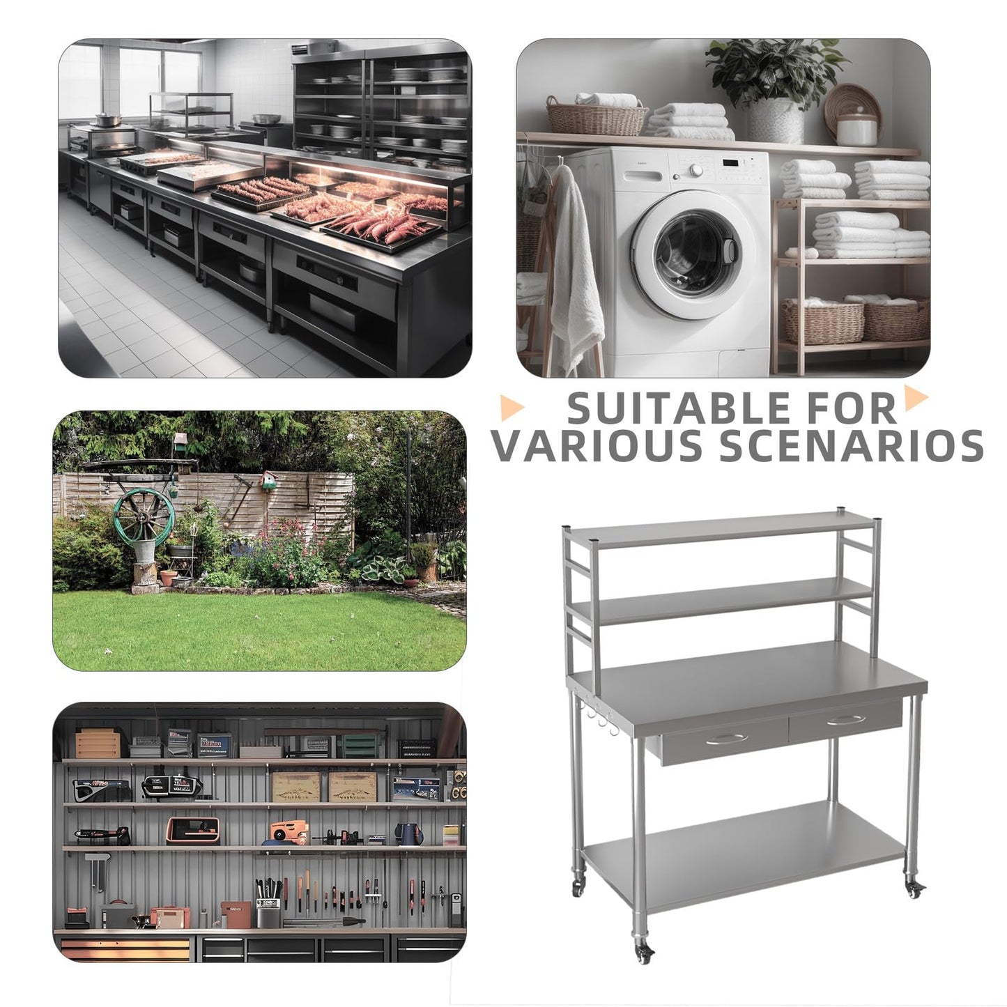 YODOLLA 48"x24" Stainless Steel Table with Shelves and Drawer