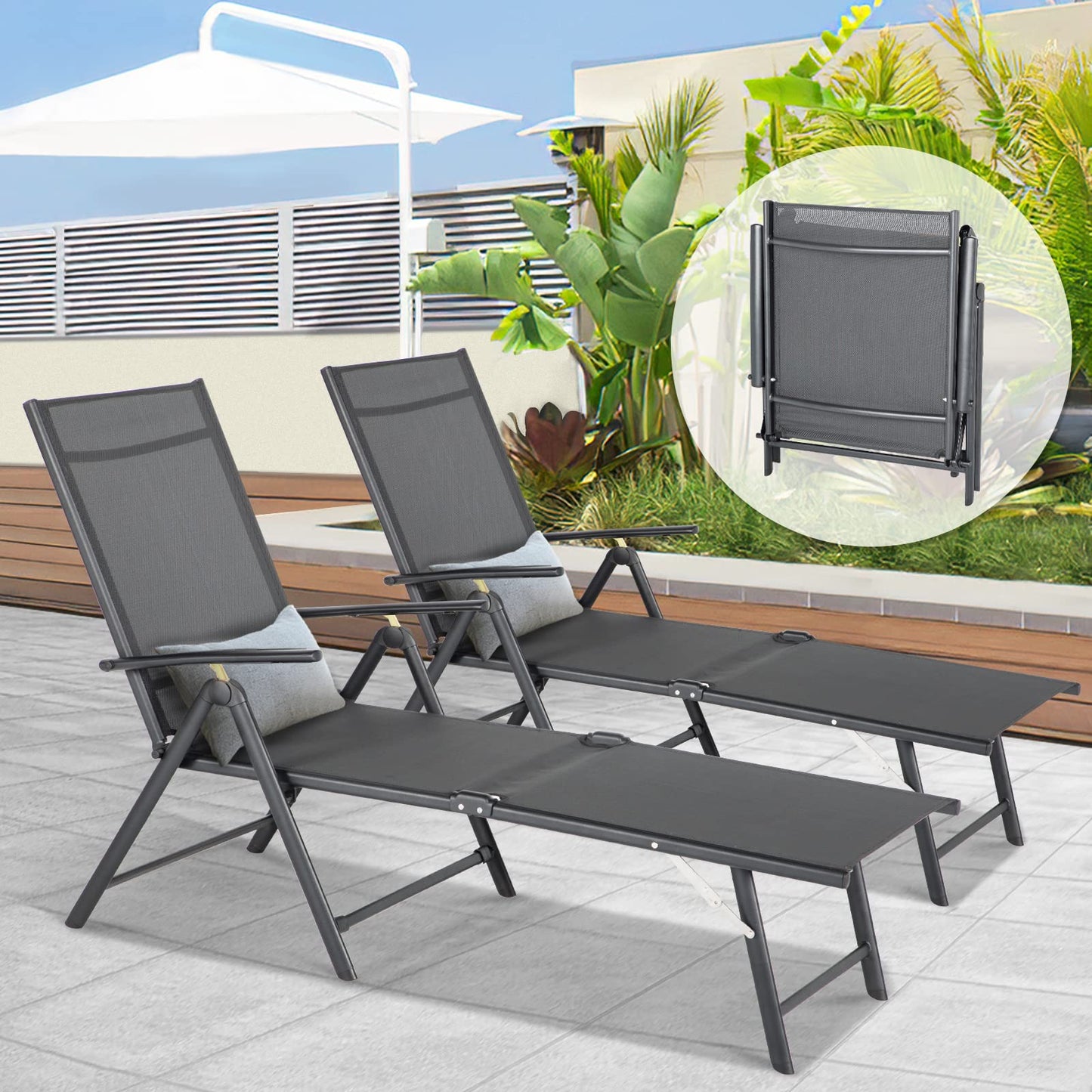 YODOLLA Outdoor Chaise Lounge Set of 2, Adjustable Reclining Folding Pool Lounger