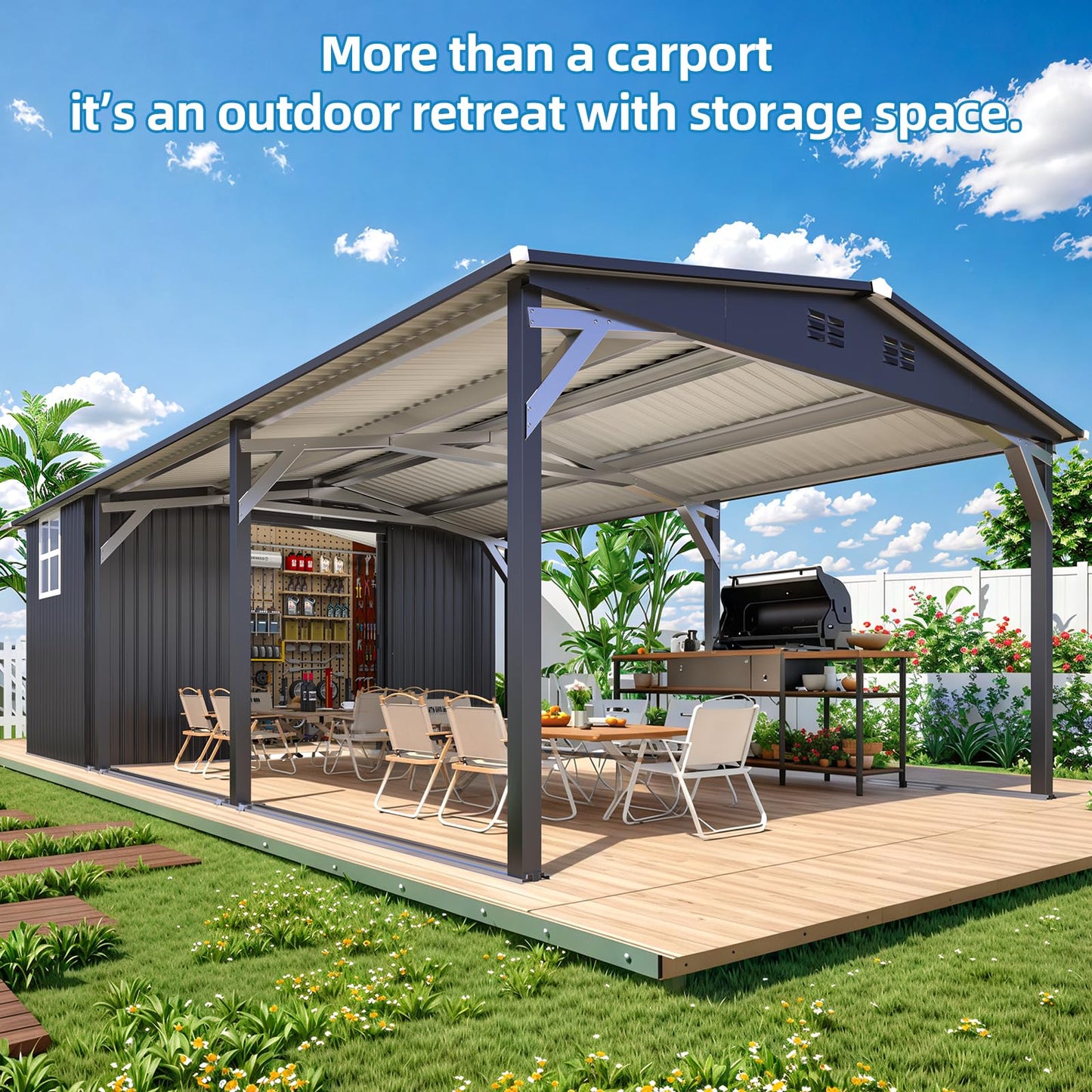 YODOLLA 12'×23' Outdoor Storage Shed with Heavy Duty Metal Weather-Resistant Carport