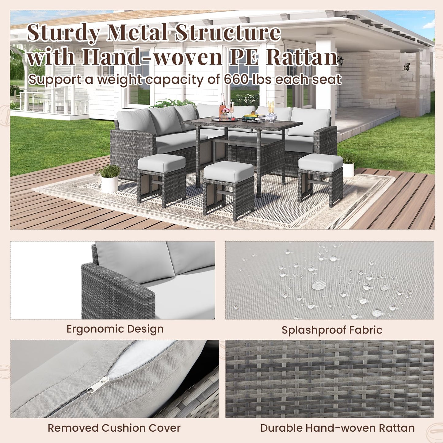 YODOLLA 7 Pieces Outdoor Wicker Rattan Dining Sofa Set, Light Grey