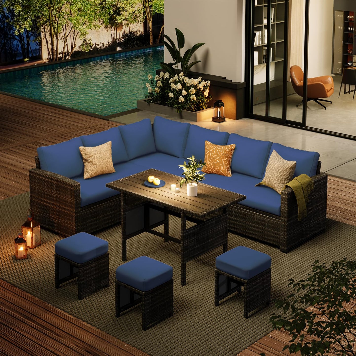 YODOLLA 7-Pc Patio Set, Grey Rattan & Blue Cushion