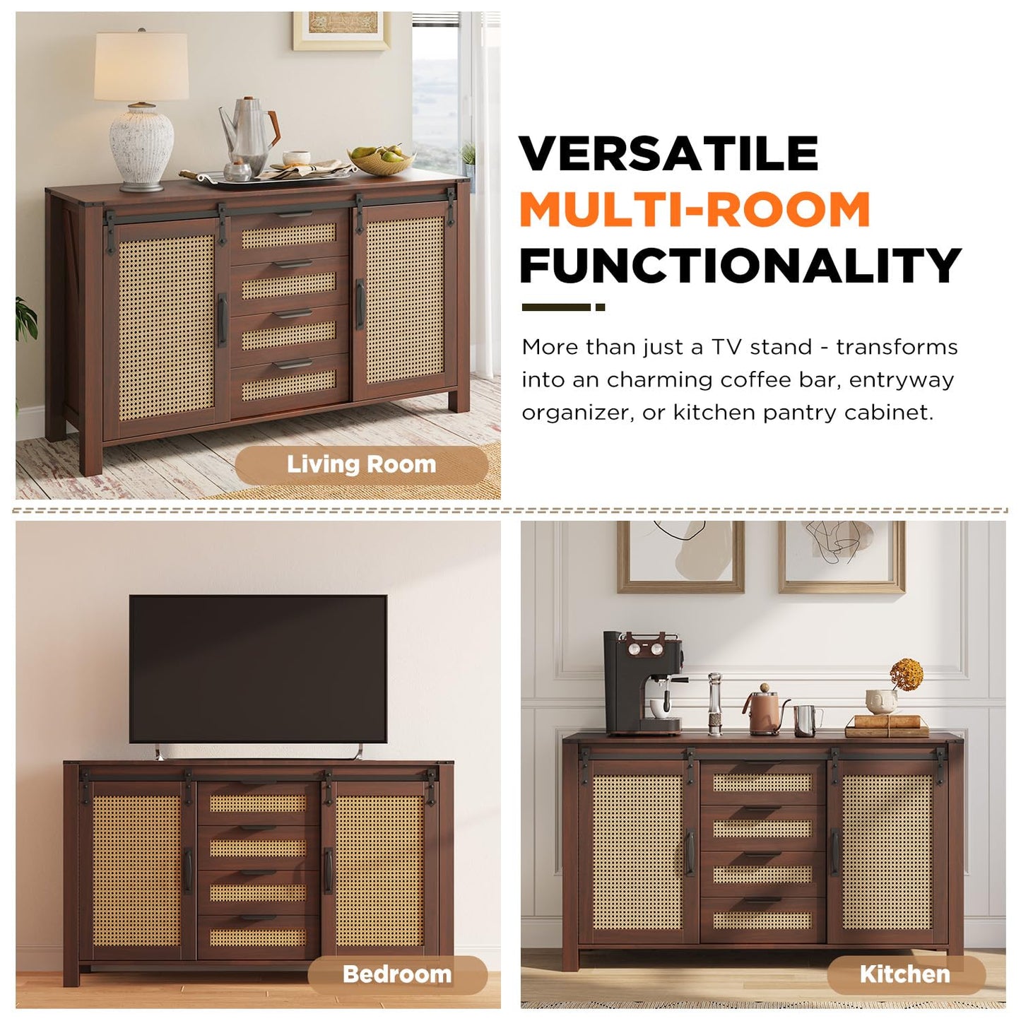 YODOLLA Rattan Sideboard Buffet Cabinet Wicker Kitchen Cabinet