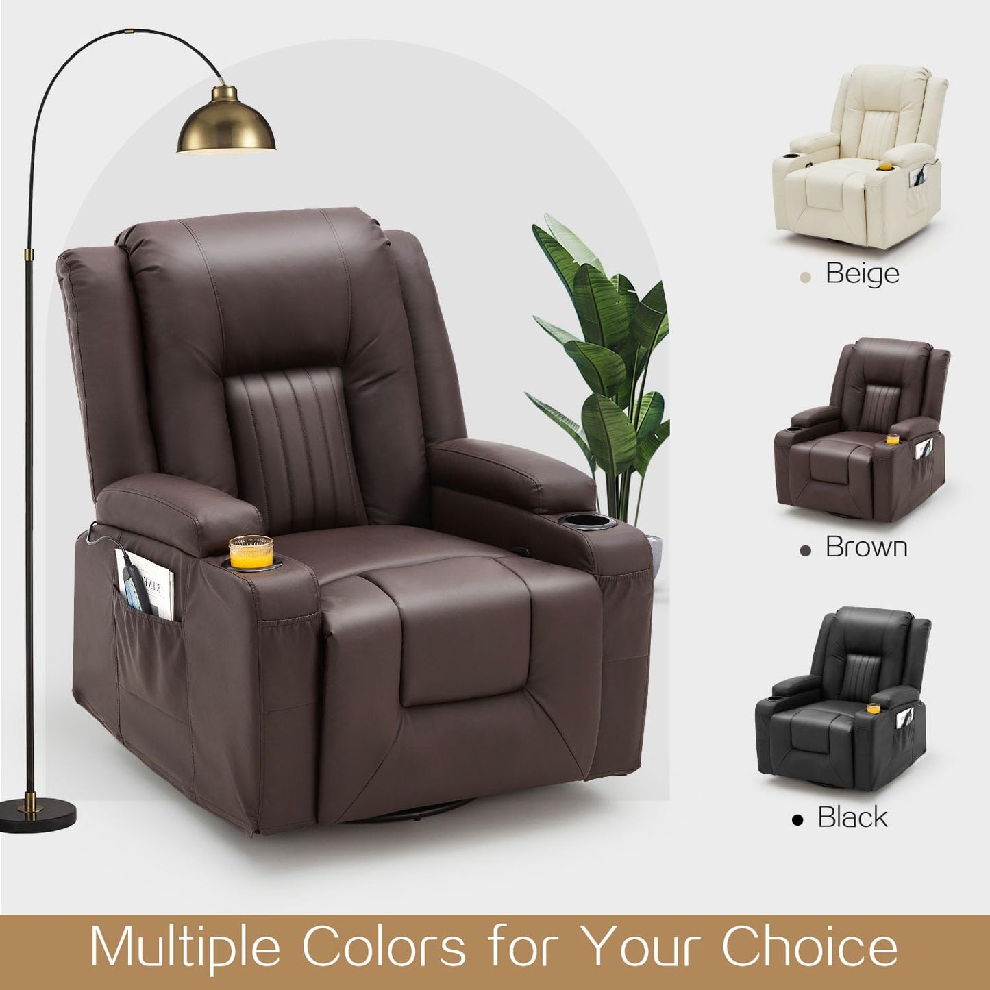 YODOLLA Recliner Chair with Heat&Massage, PU Leather Brown