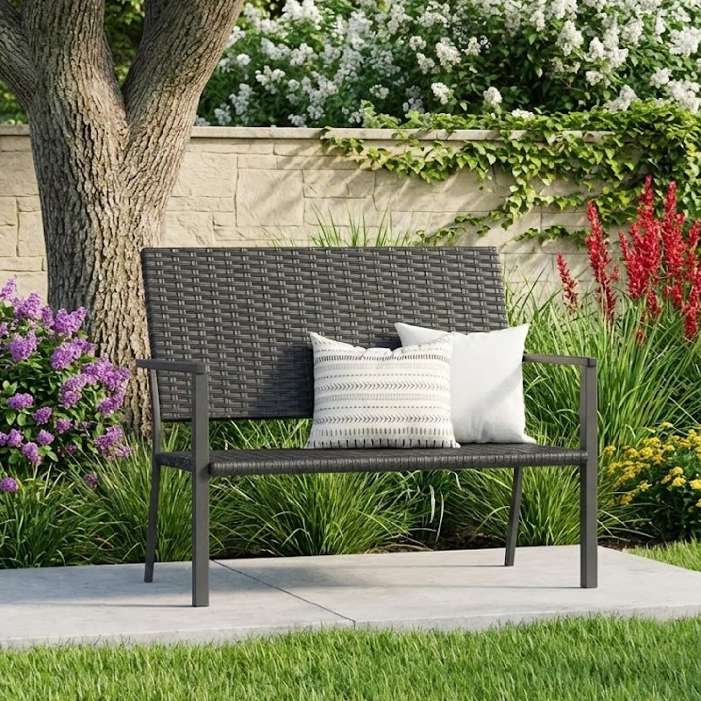 YODOLLA Outdoor Garden Bench Weatherproof Wicker Outside Benches