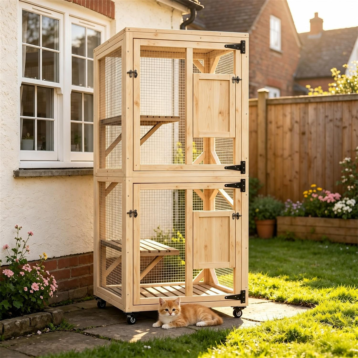 YODOLLA 60" Tall Catio Outdoor Cat Enclosure, Wooden Cat House, Natural