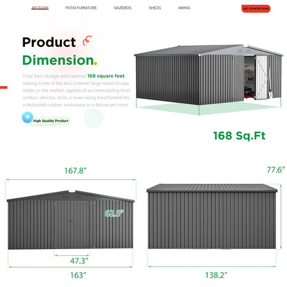 YODOLLA 14x12 Metal Storage Shed Outdoor Shed, Dark Gray