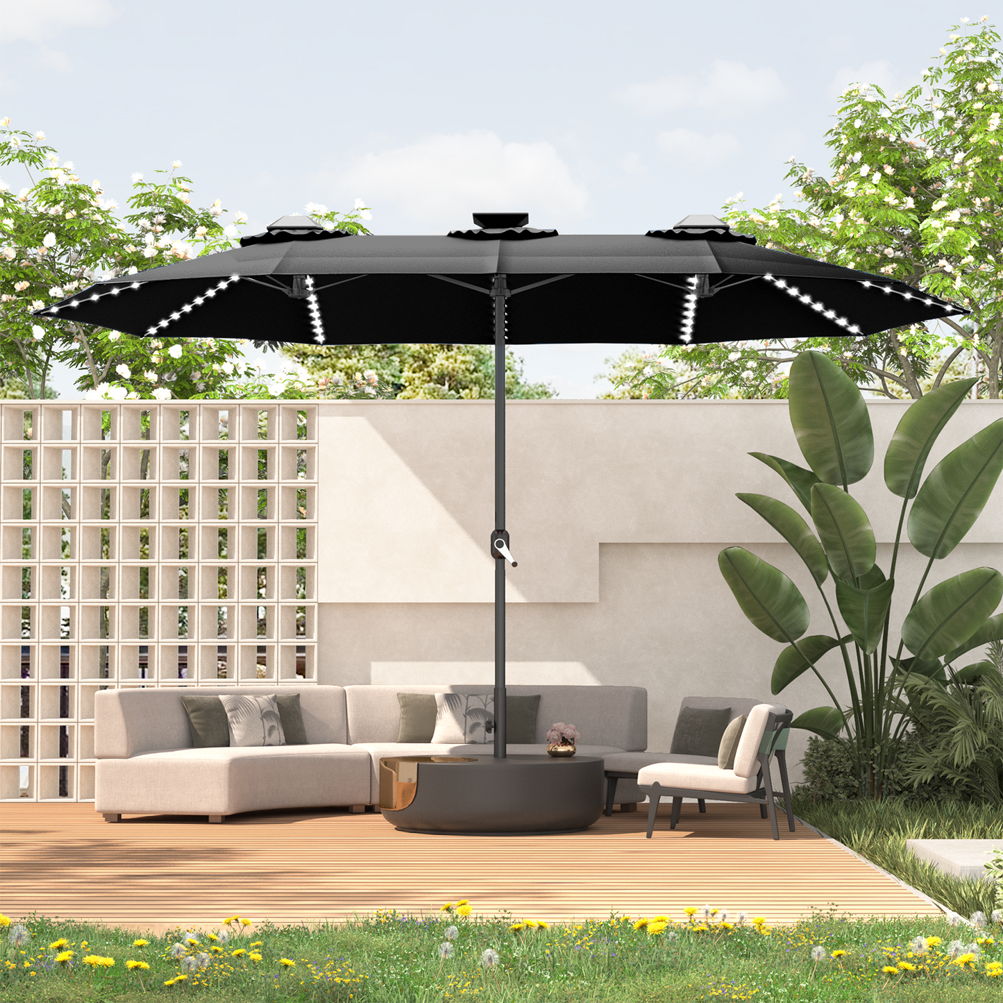 YODOLLA 15ft Patio Umbrella with Solar Lights, Black