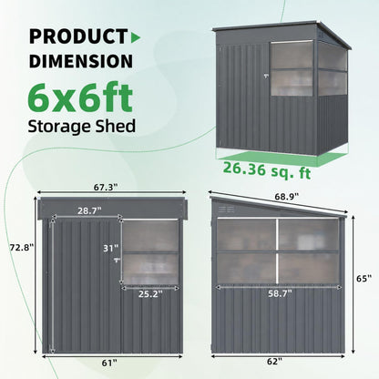 YODOLLA 6' x 6' Outdoor Lean-to Storage Shed, Galvanized Steel Garden Shed