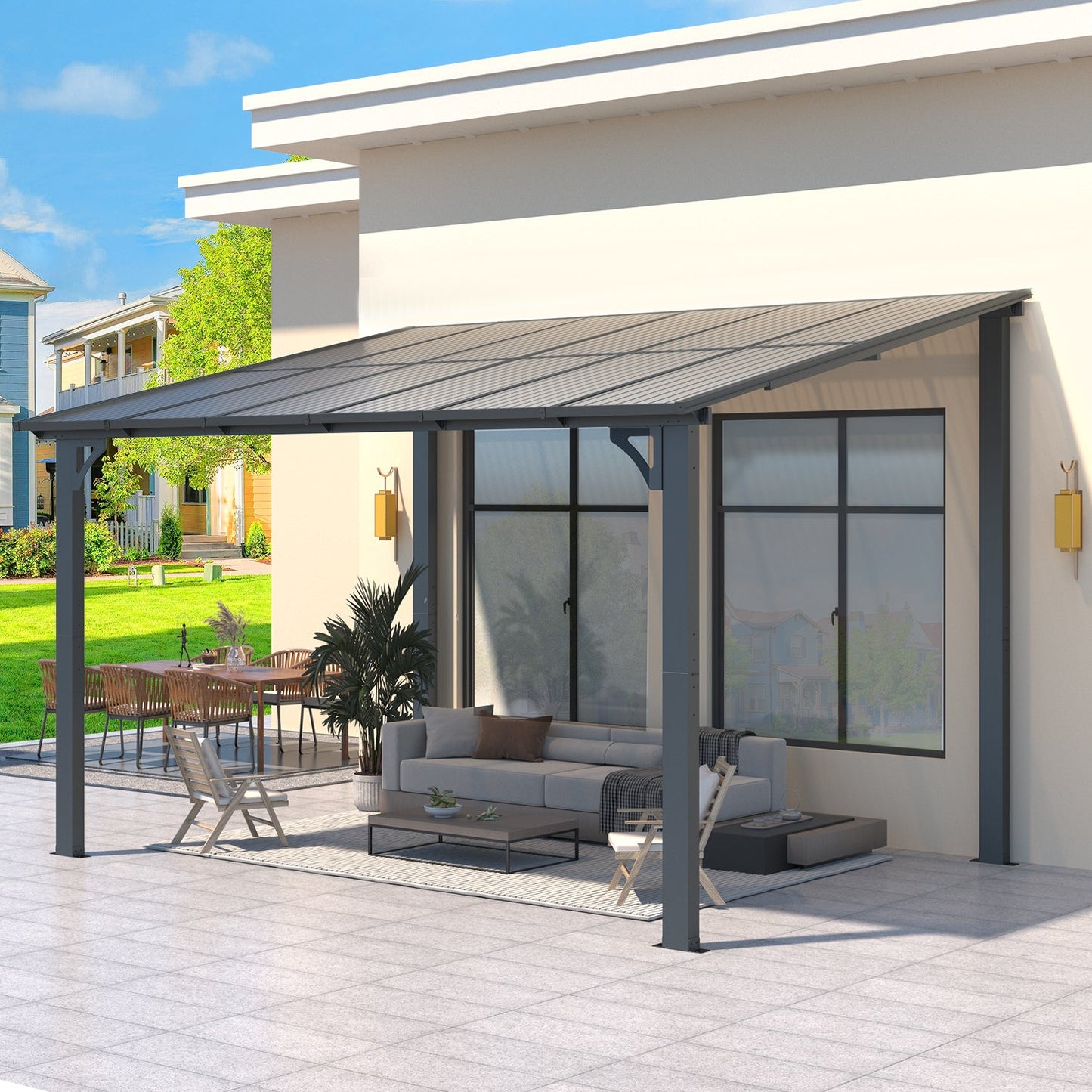 YODOLLA 12' x 8' Hard Top Lean to Gazebo Outdoor Pergola, Dark Gray