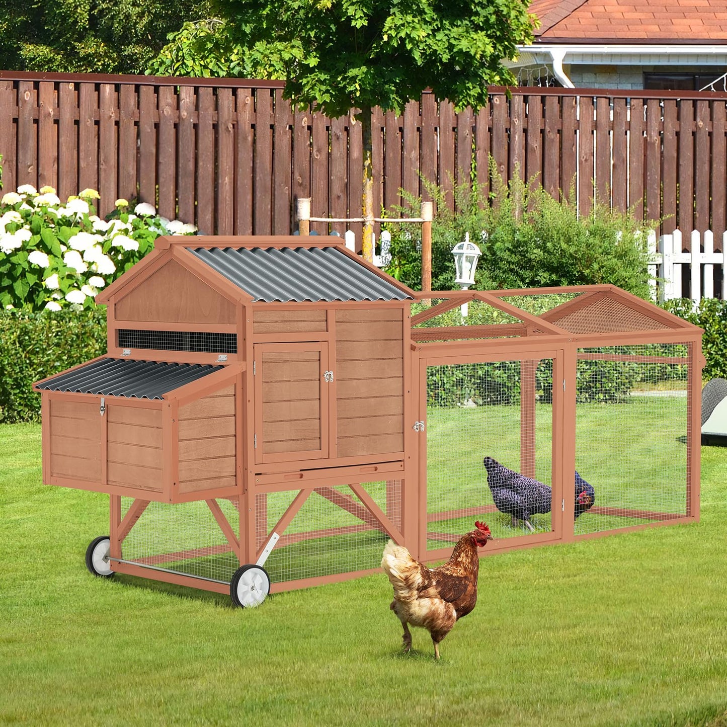 YODOLLA 95“ Wooden Chicken Coop Chicken Tractor Hen House, Natural Wood