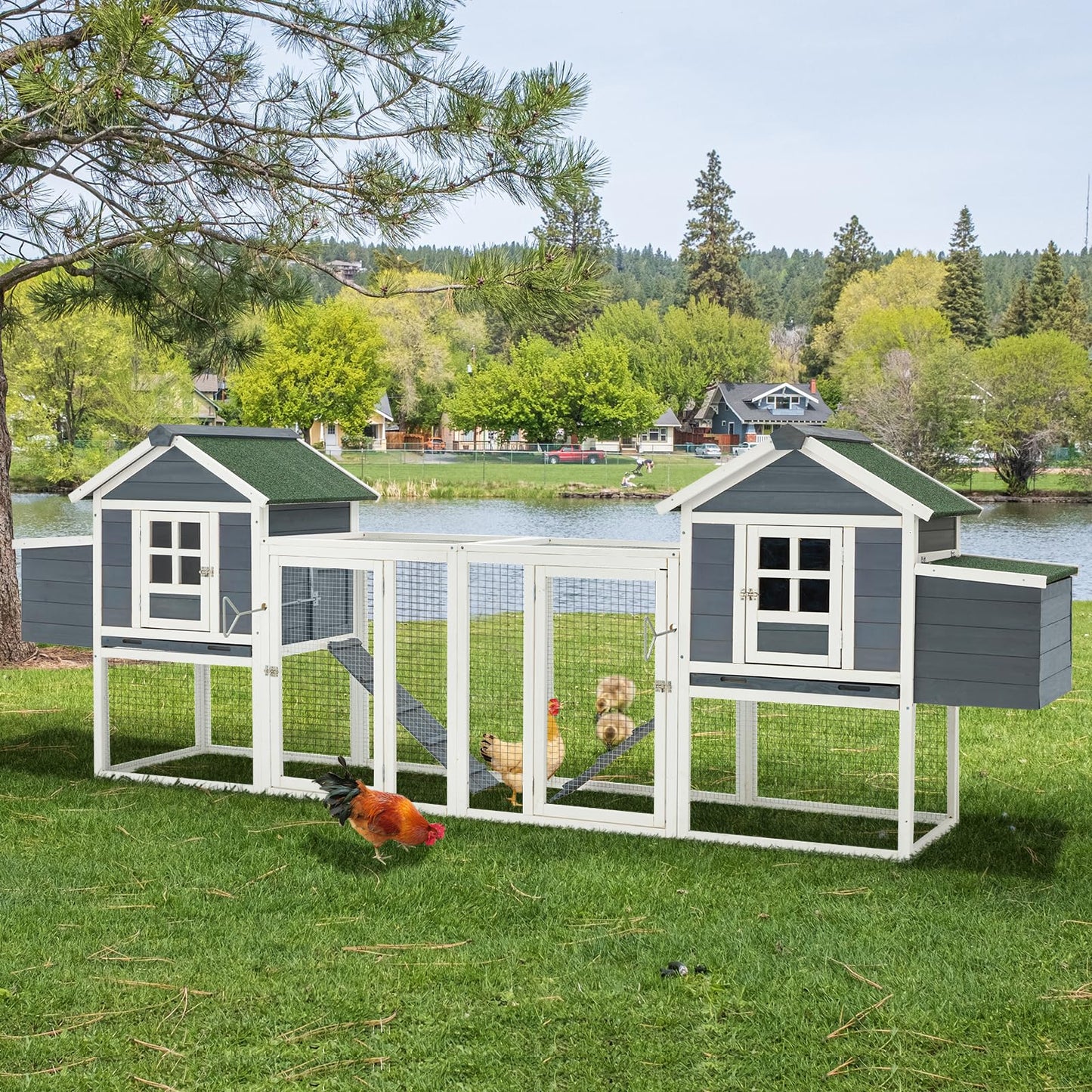 YODOLLA 123" Large Wooden Chicken Coop for 4-6 Chickens, Grey & White