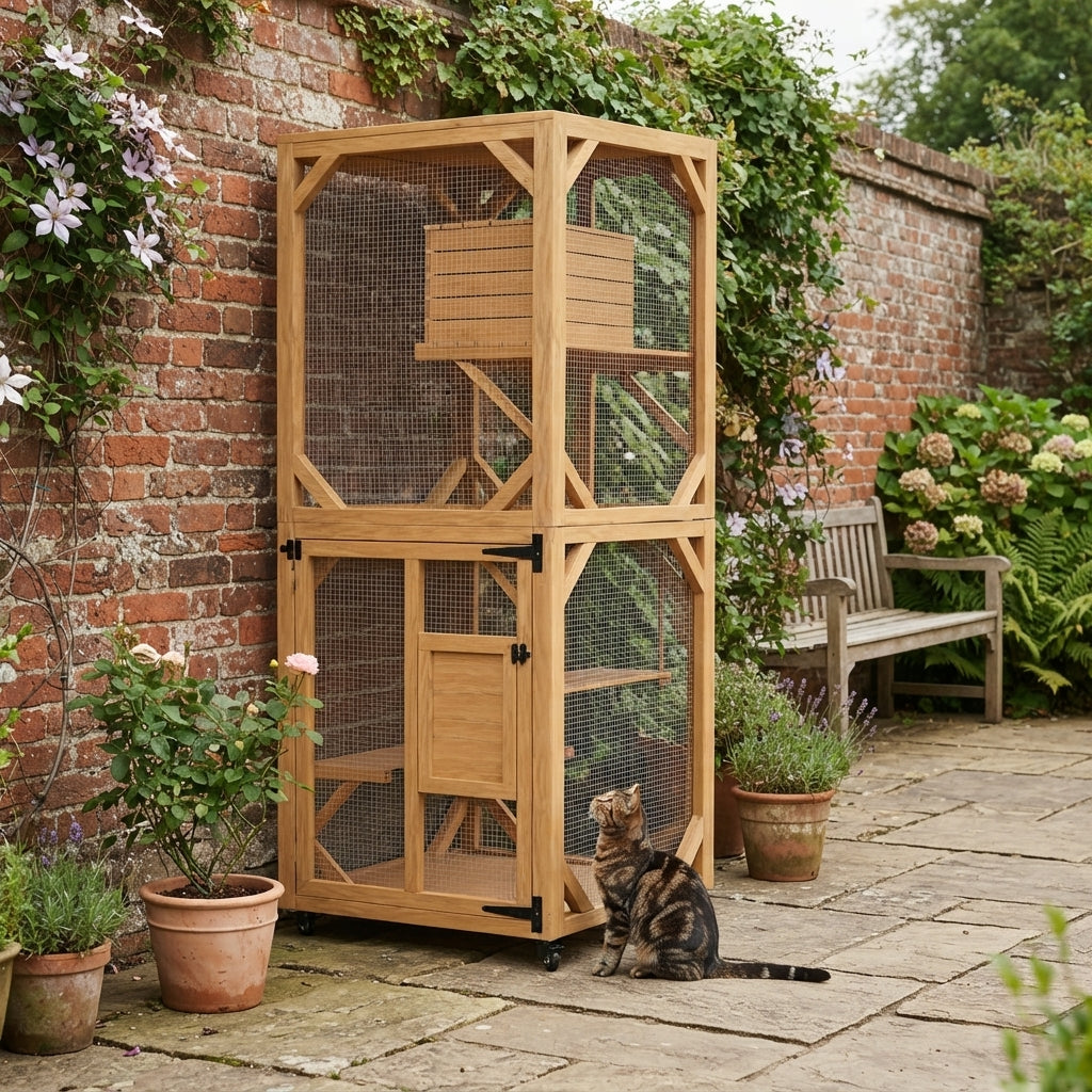 YODOLLA 60" Tall Catio Outdoor Cat Enclosure, Wooden Cat House, Natural